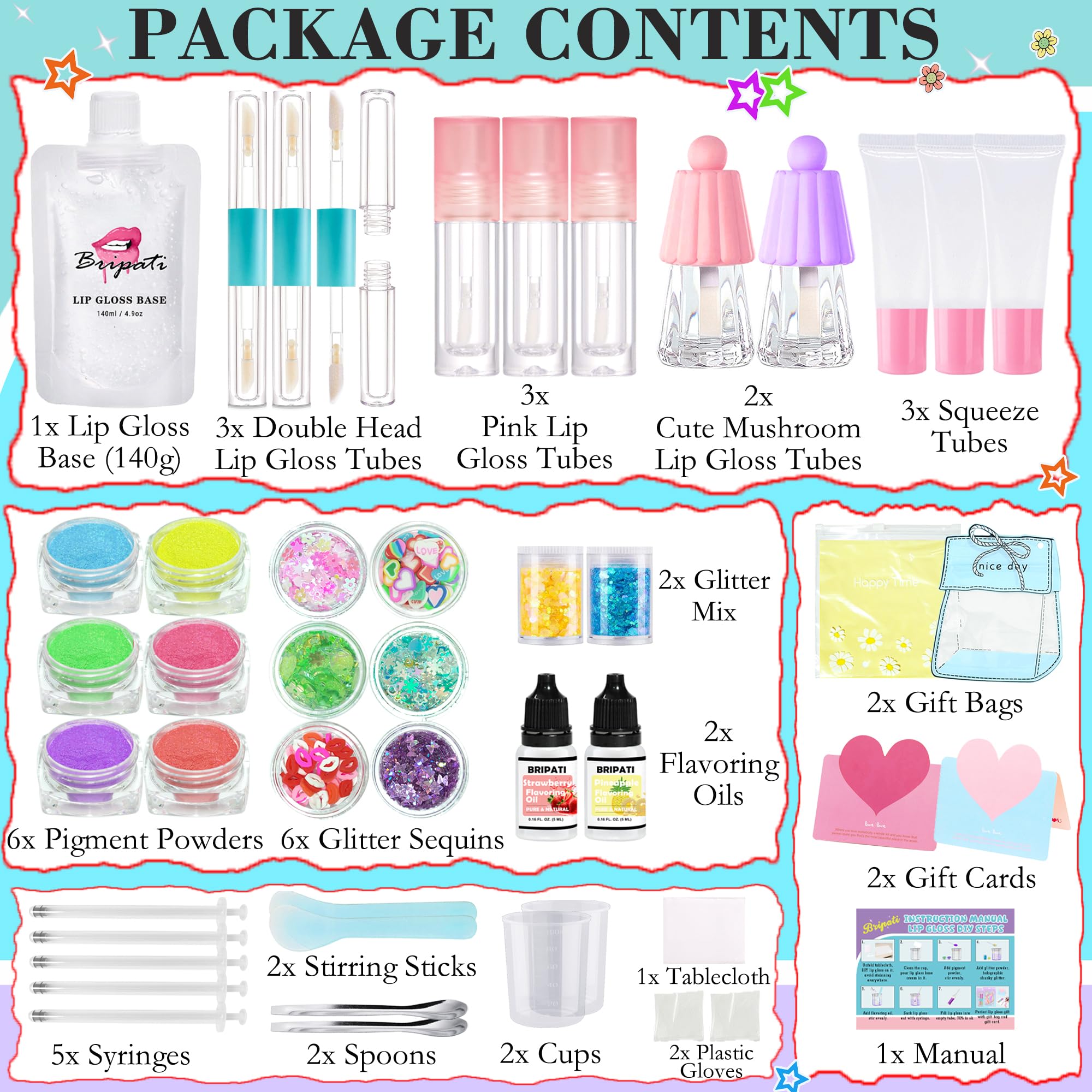 BRIPATI components laid out displaying pigments, glitters, tubes for easy crafting