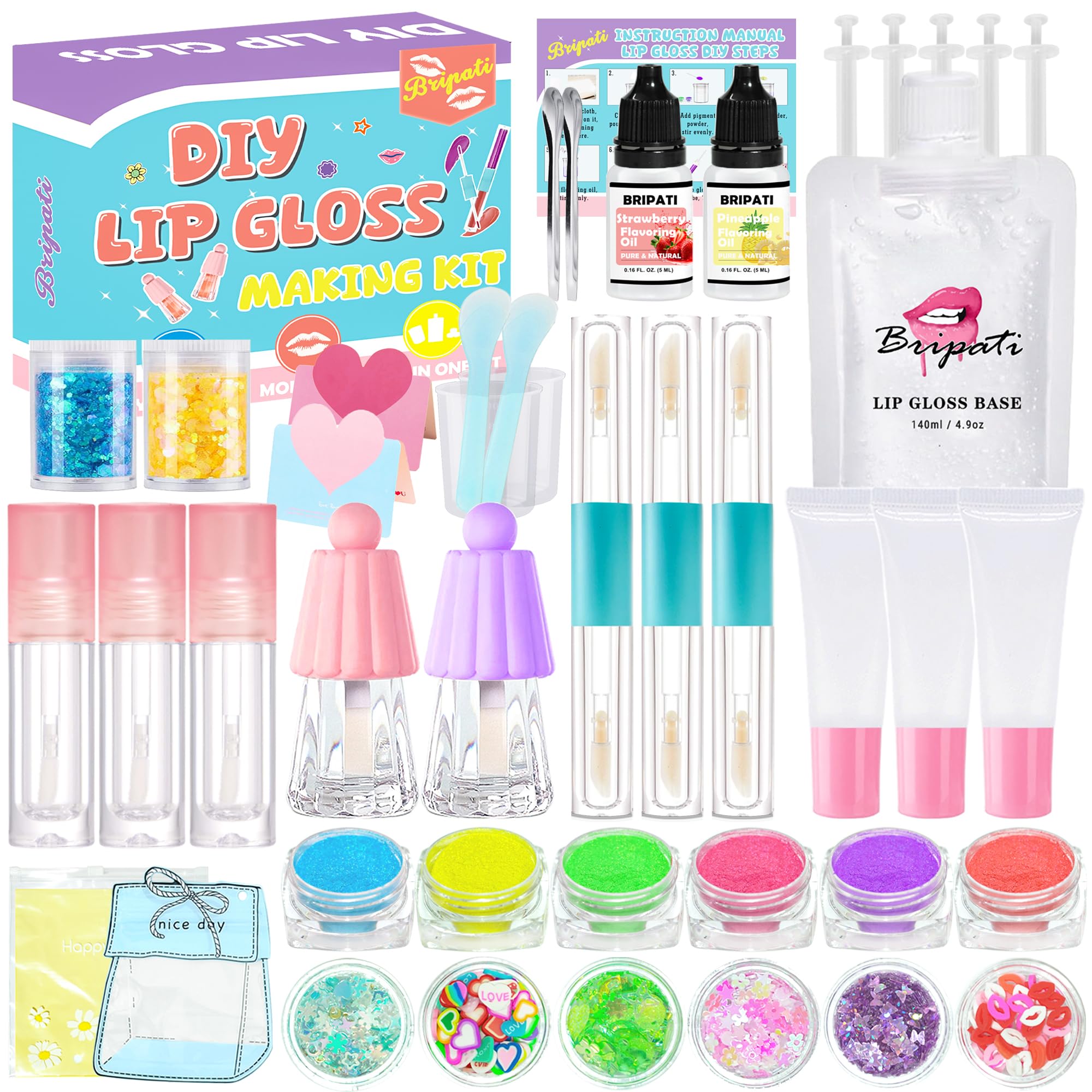 BRIPATI front packaging showing full DIY lip gloss kit components and kit benefit