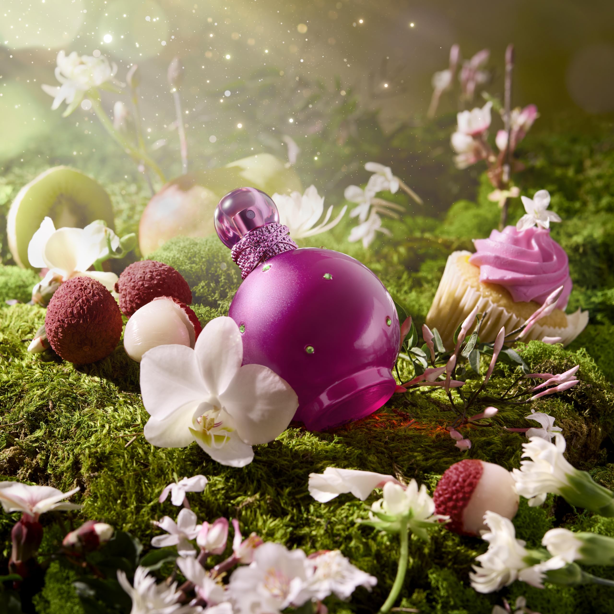 Britney Spears perfume liquid hue displayed to suggest warm, fruity character