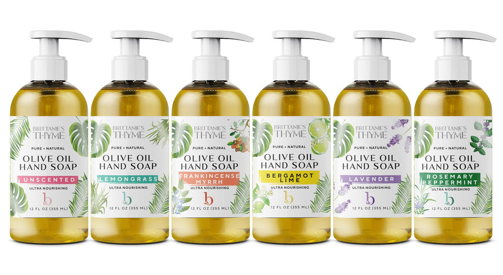 Brittanie's Thyme soap being poured to show smooth lather and moisturizing texture benefit