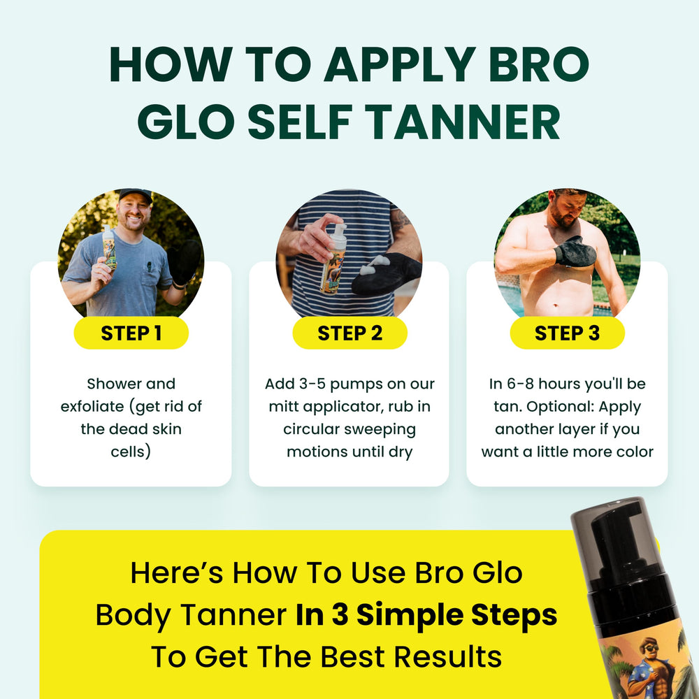 bro glo face application in mirror for natural looking bronze