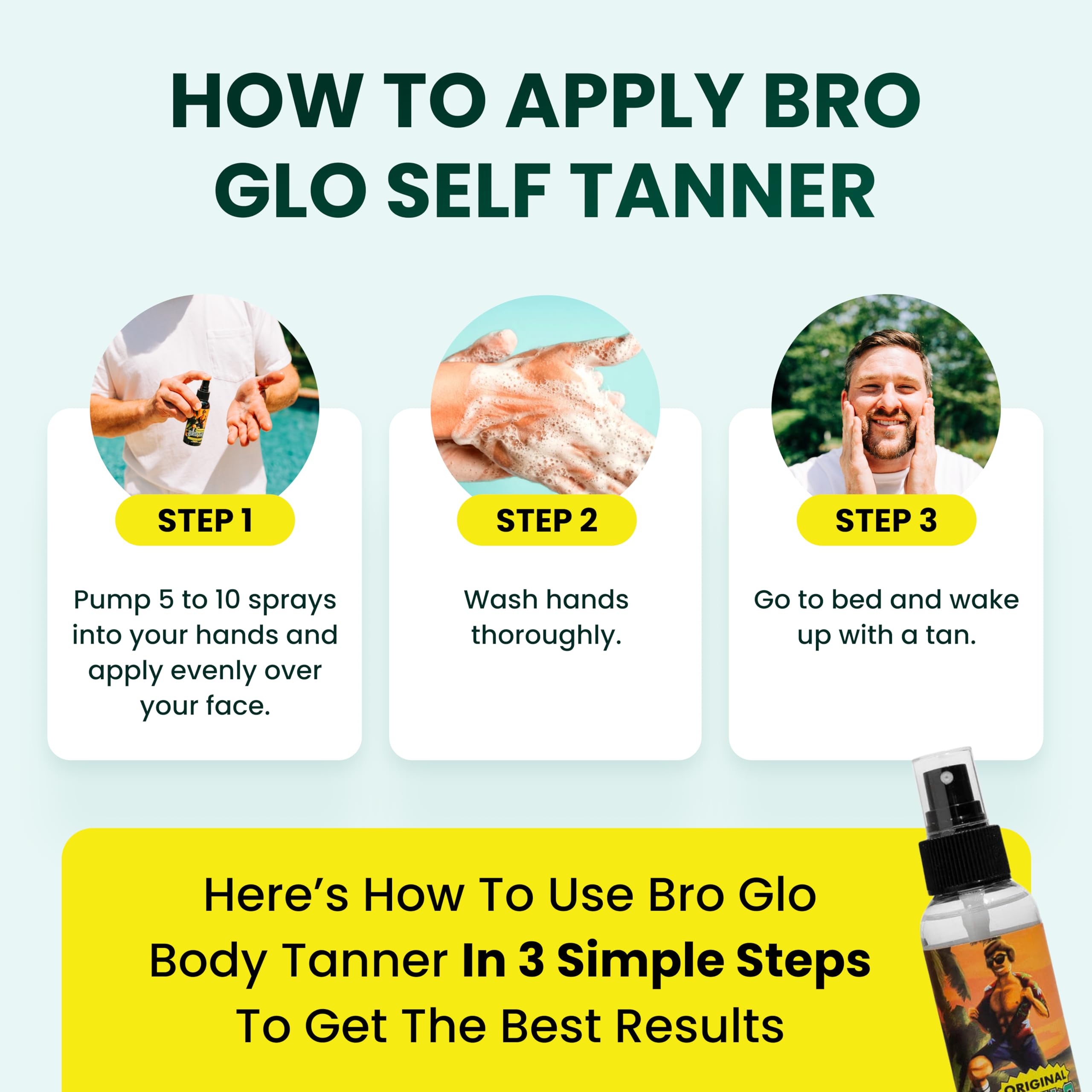 Bro Glo bottle next to hand showing size and travel-friendly benefit