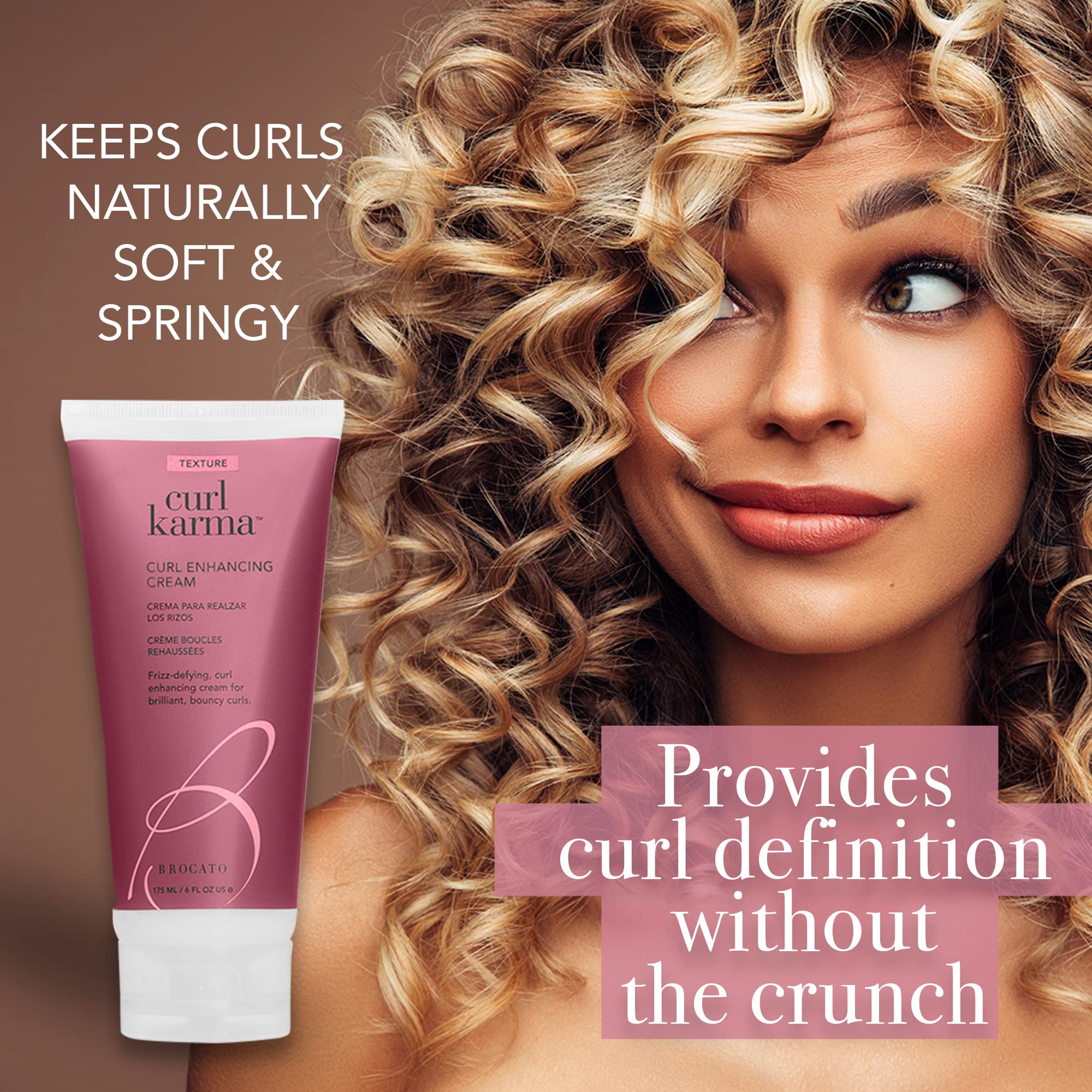 Brocato Curl Karma applied to curly hair for defined, frizz-free curls