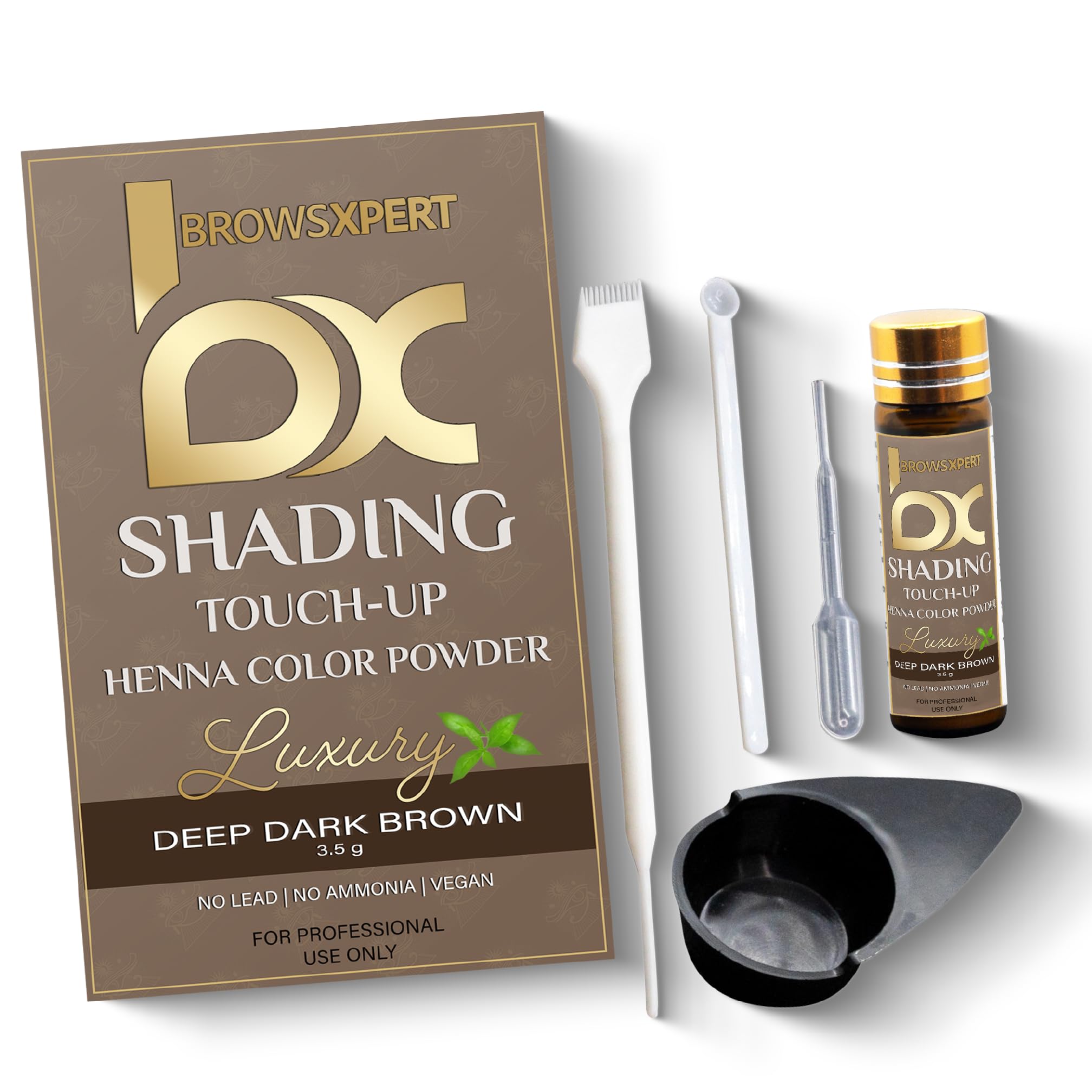 Brows Xpert front packaging showing kit components and natural deep dark brown shade benefit: professional finish