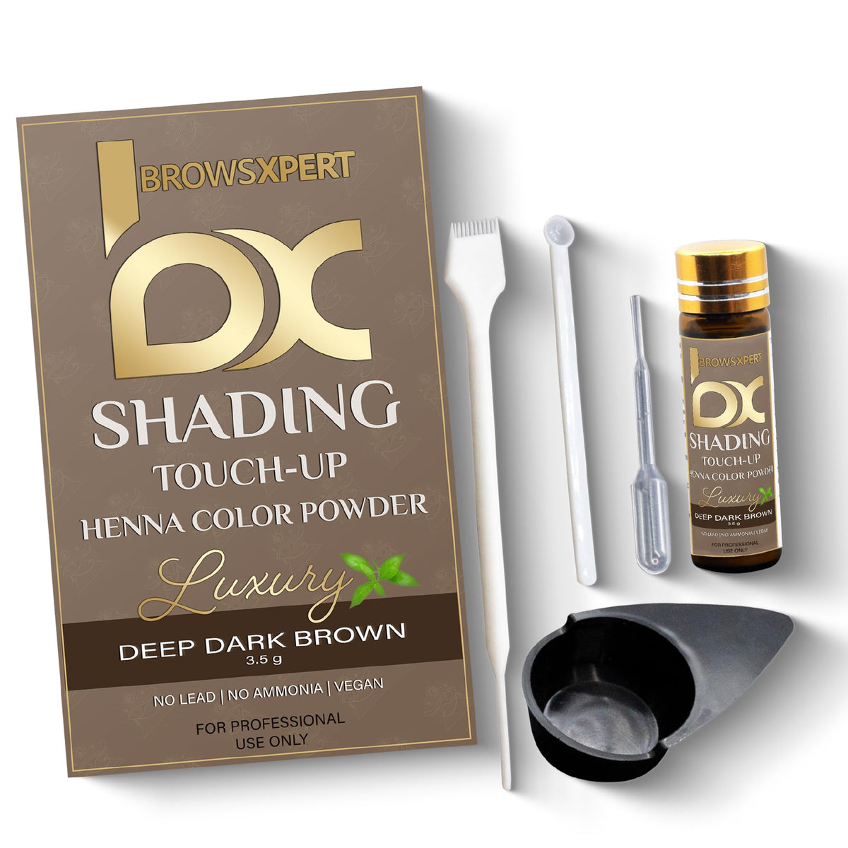 Brows Xpert front packaging showing kit components and natural deep dark brown shade benefit: professional finish