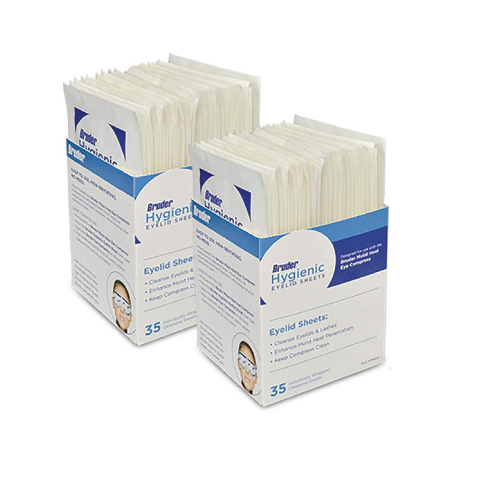 Bruder front box packaging showing 35-count individually wrapped eyelid sheets and benefits