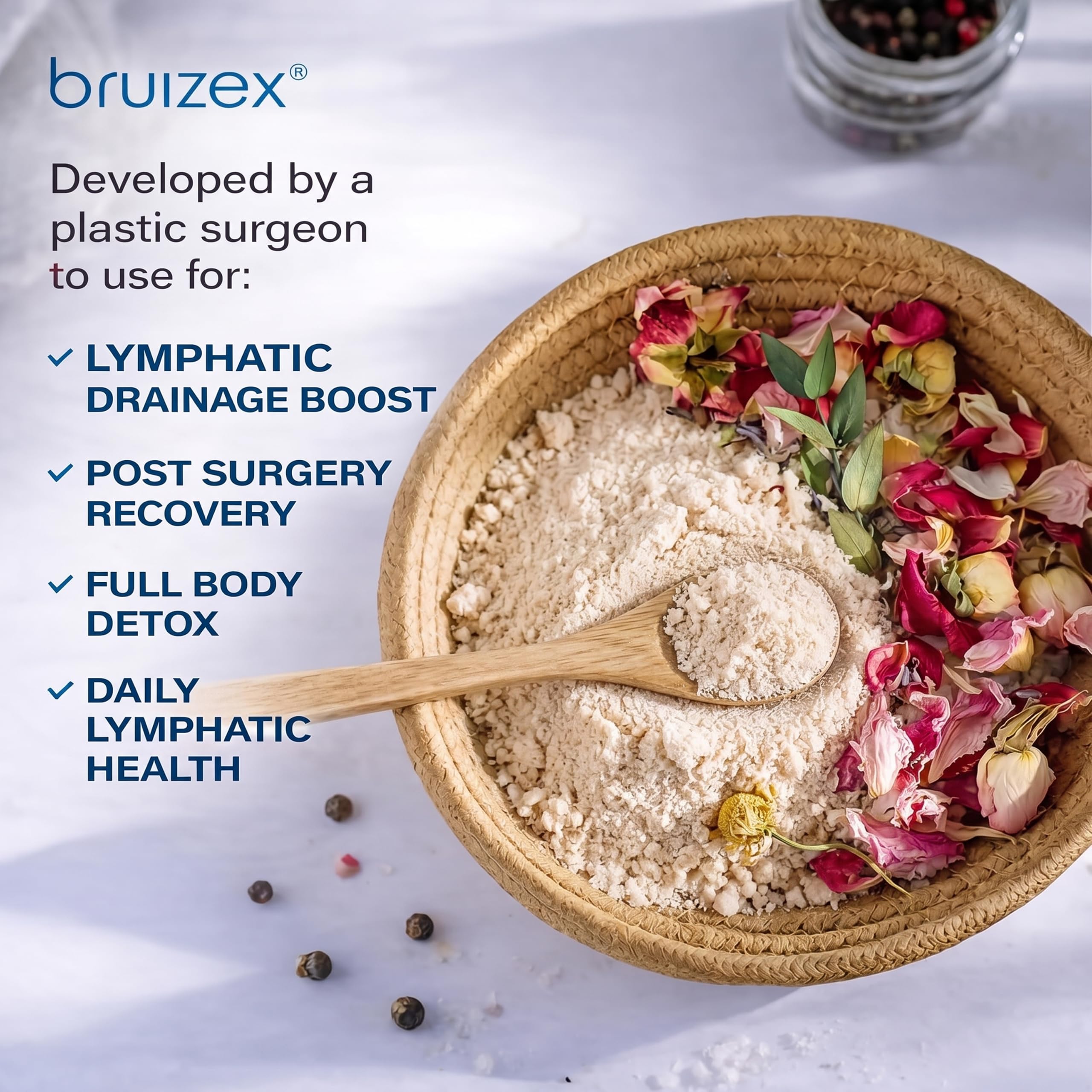Close-up of Bruizex bath salts texture and granules highlighting arnica-infused formulation