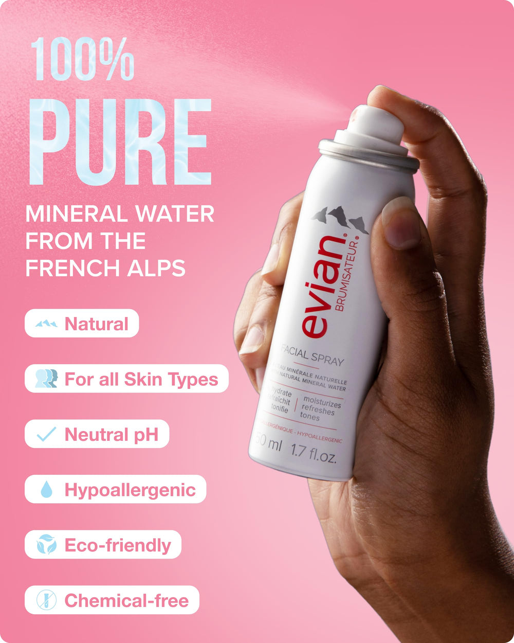 BRUMISATEUR Evian droplets on skin showing lightweight hydration and dewy texture
