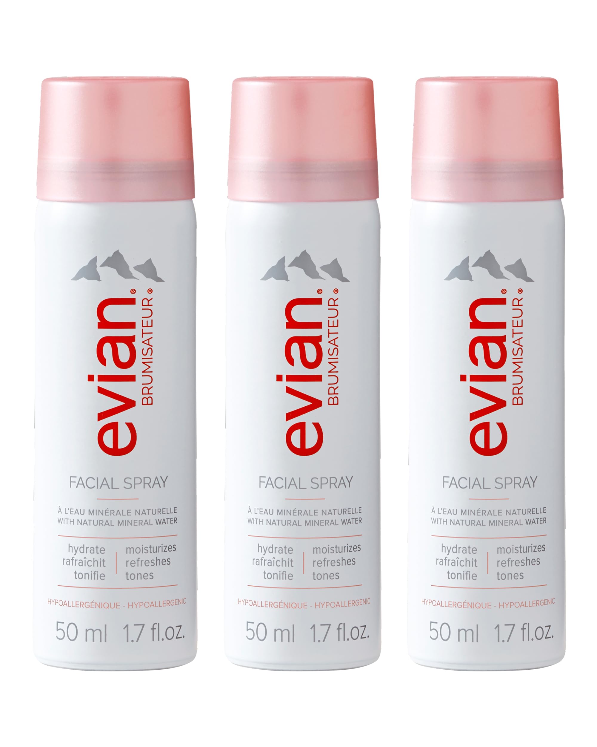 BRUMISATEUR Evian trio front packaging showing three travel mists and portability benefit