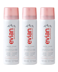 BRUMISATEUR Evian trio front packaging showing three travel mists and portability benefit