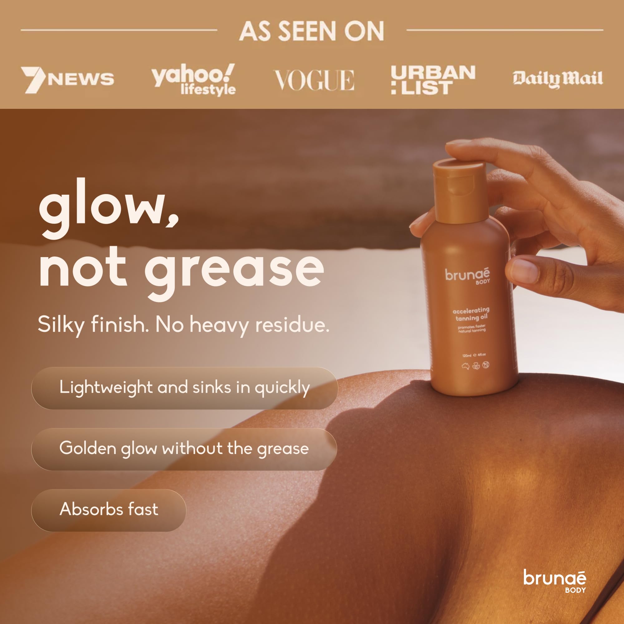Brunae Body lifestyle image of model applying oil at beach