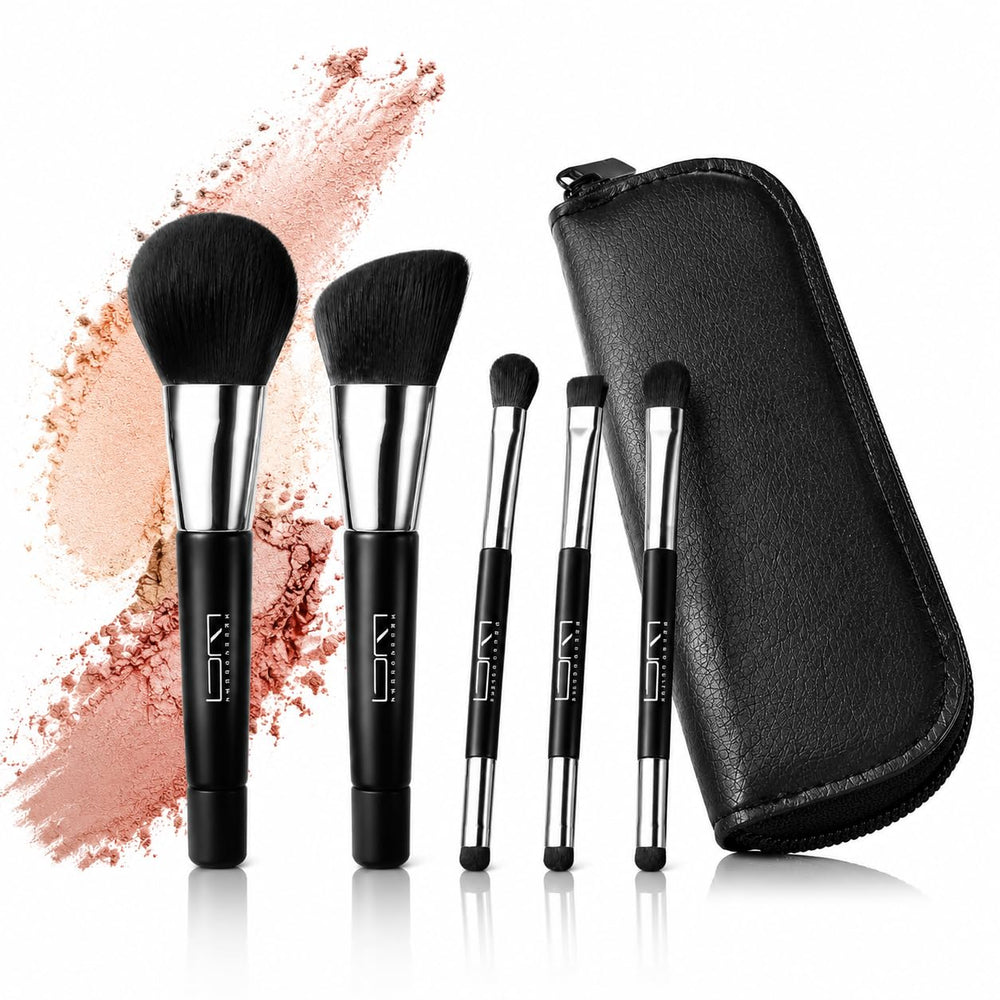 Brush Master front view of five black mini brushes and pouch showing neat compact storage and portability