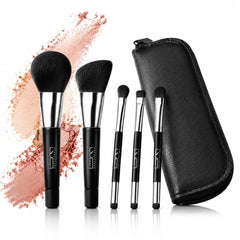Brush Master front view of five black mini brushes and pouch showing neat compact storage and portability