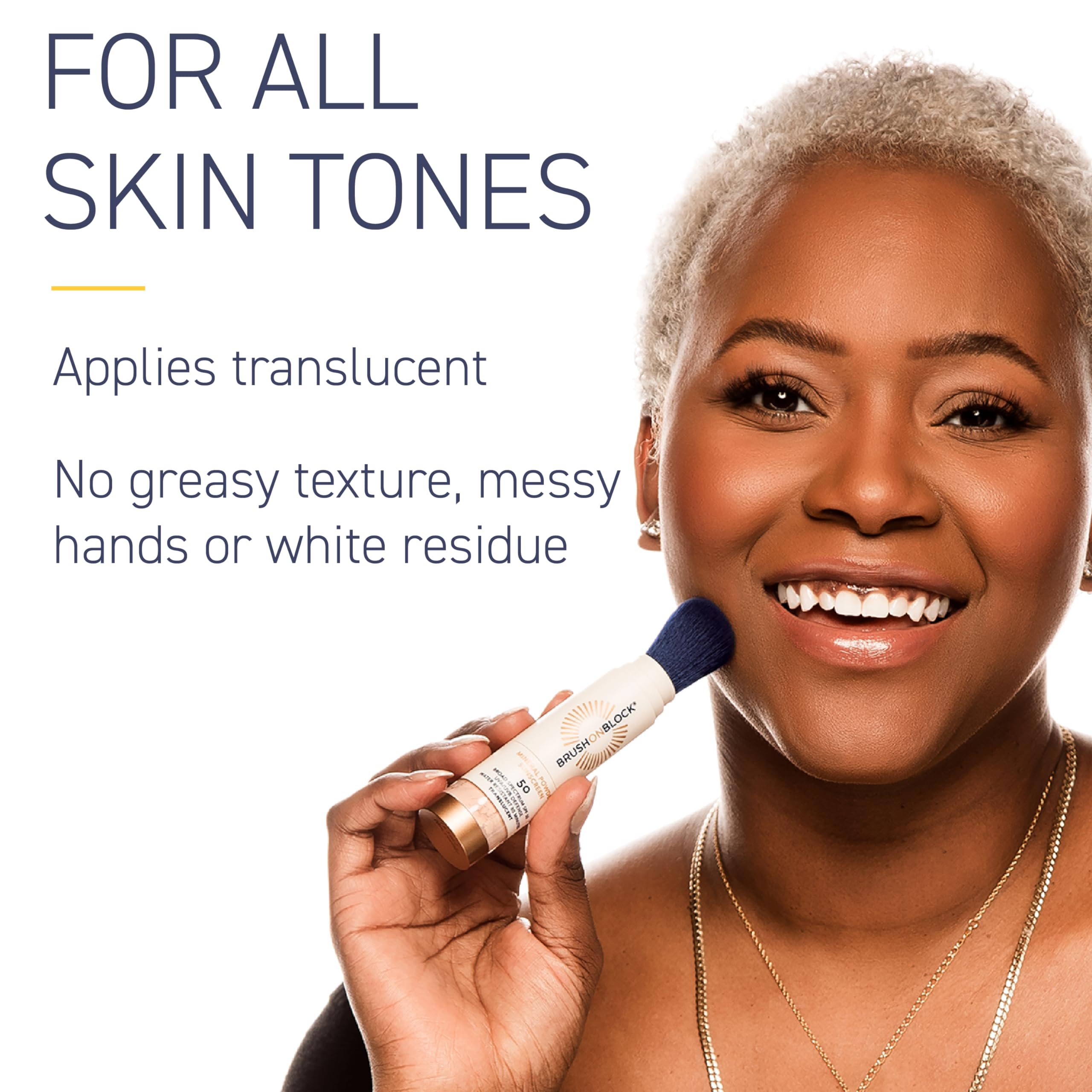 Brush On Block applying over makeup to refresh SPF without smudging