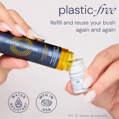 Brush On Block brush applying translucent powder to face for effortless touch-ups and protection