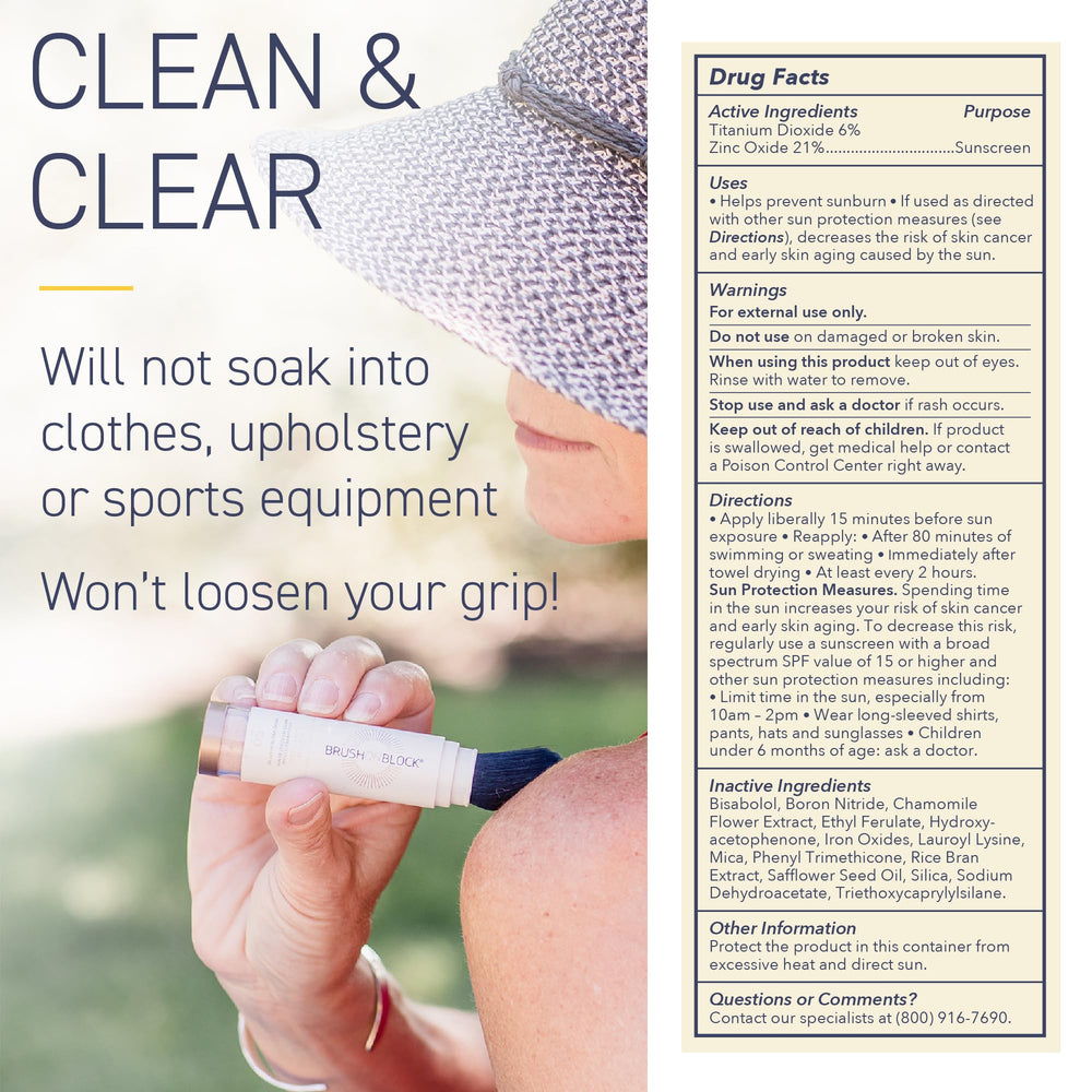 Brush On Block label closeup highlighting zinc oxide and titanium dioxide ingredients