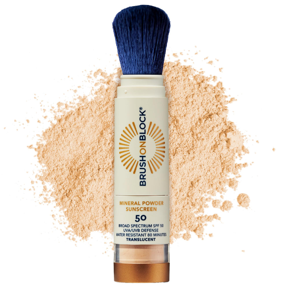 Brush On Block front packaging showing compact mineral SPF 50 for portability