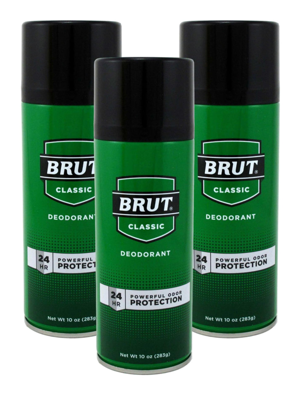 Brut classic aerosol front packaging showing three cans and classic scent benefit