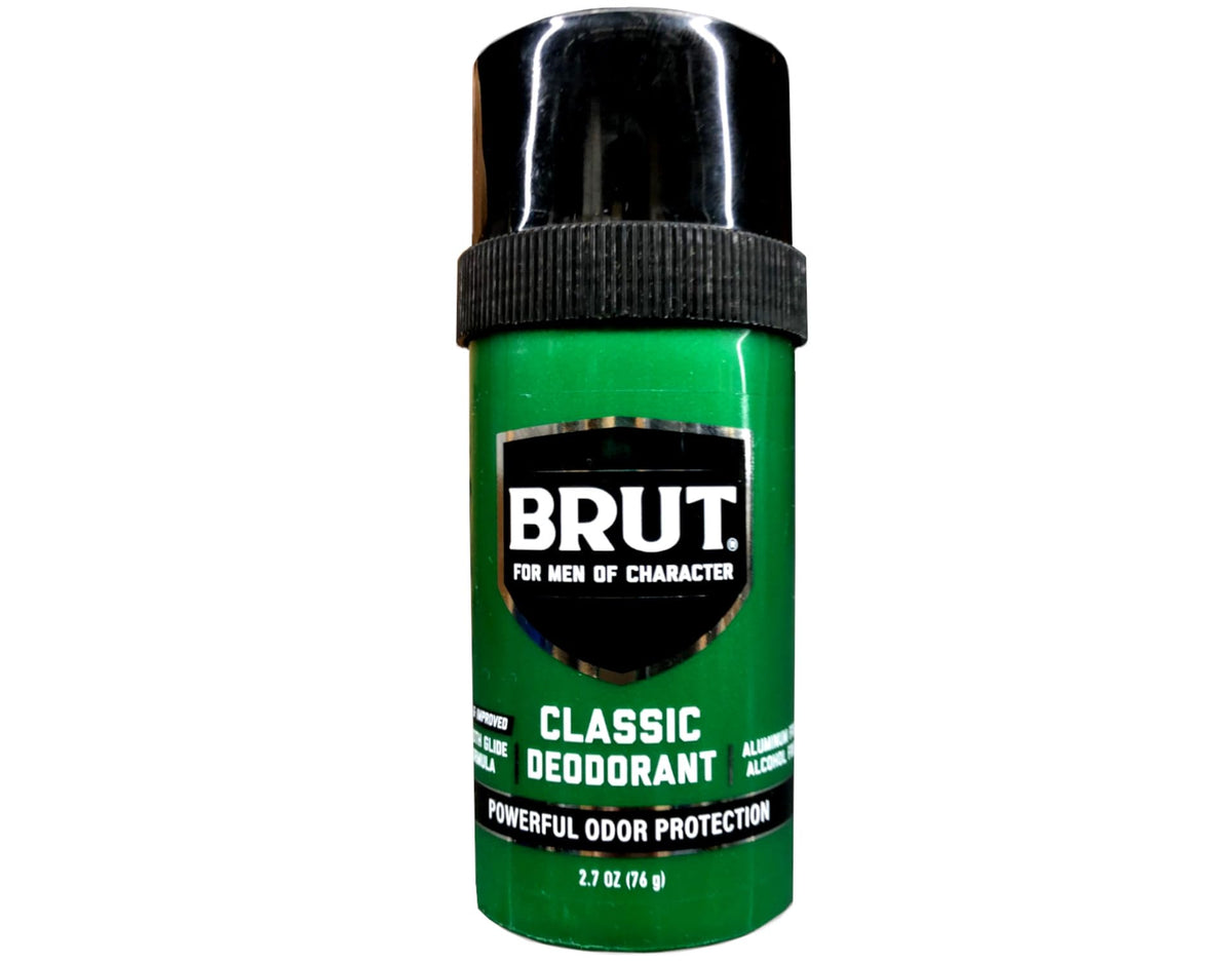 Brut front packaging showing four sticks and classic branding for value