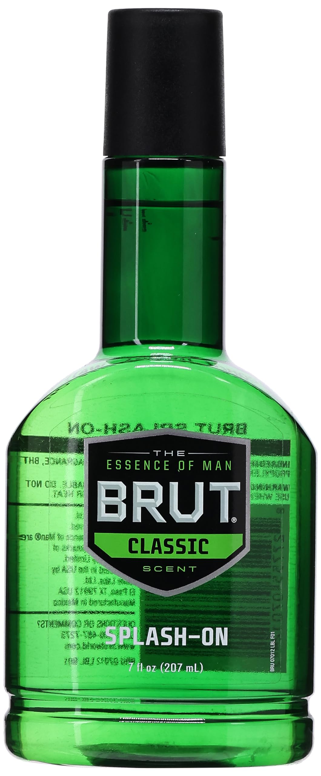 Brut front packaging 7 oz two-piece showing product benefits and durable bottle