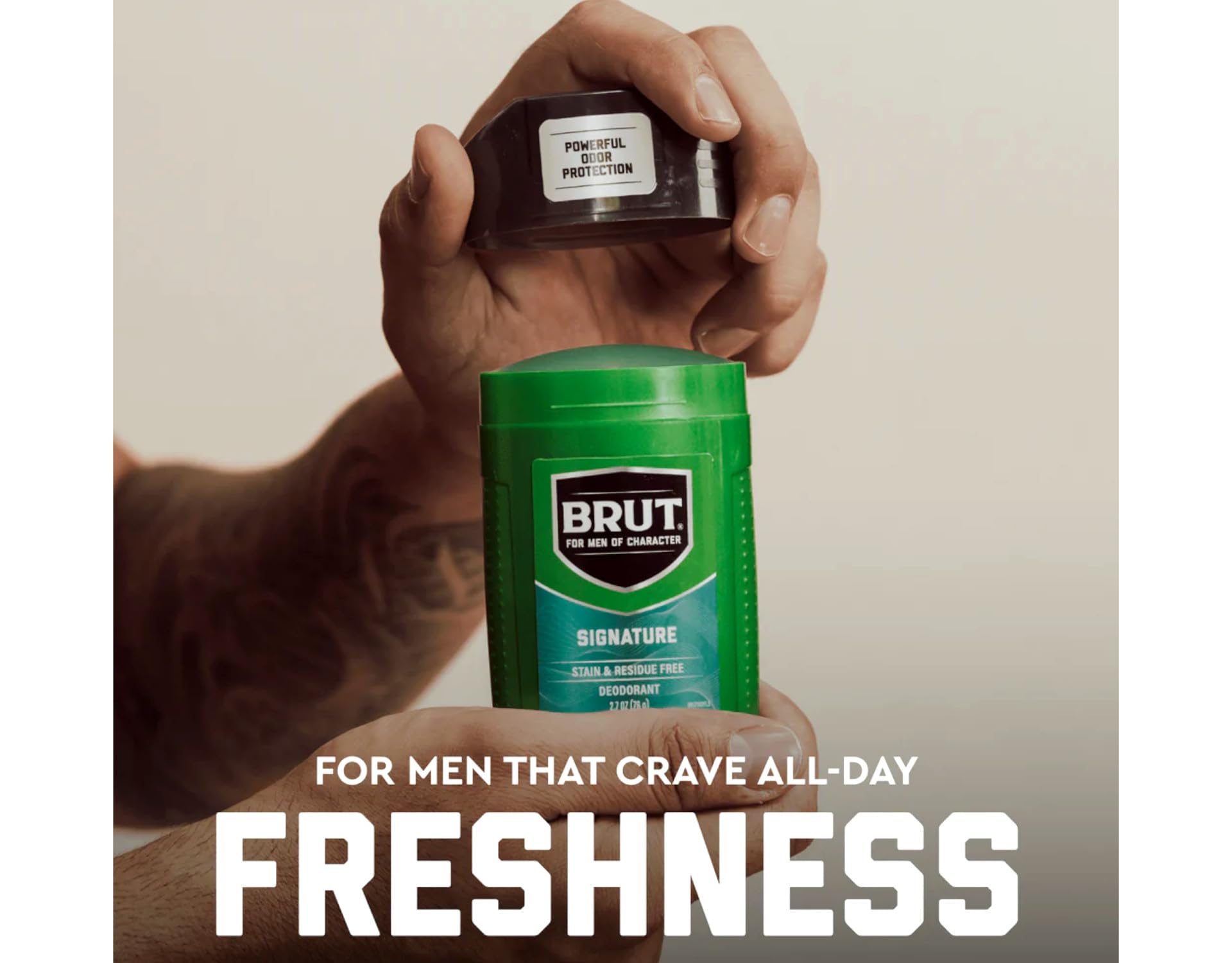 Brut can on bathroom vanity in lifestyle scene signaling ready-to-use freshness