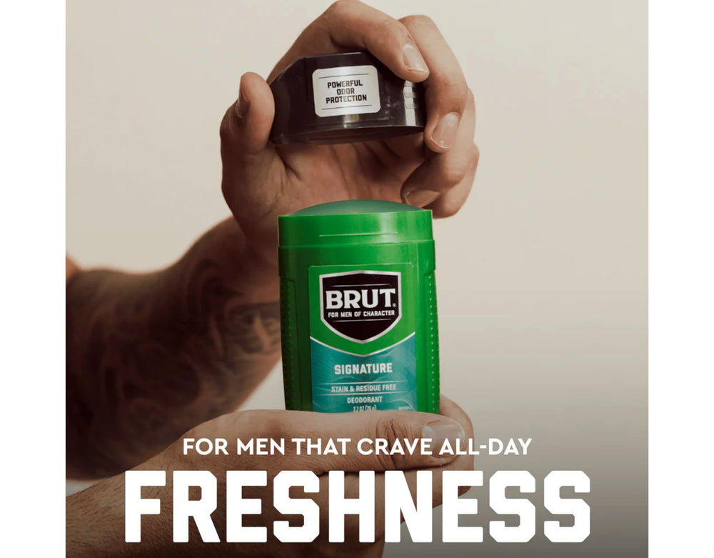 Brut can on bathroom vanity in lifestyle scene signaling ready-to-use freshness