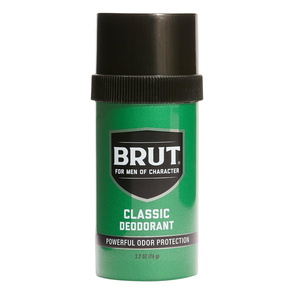 BRUT front packaging showing eight deodorant sticks and clear branding for easy storage