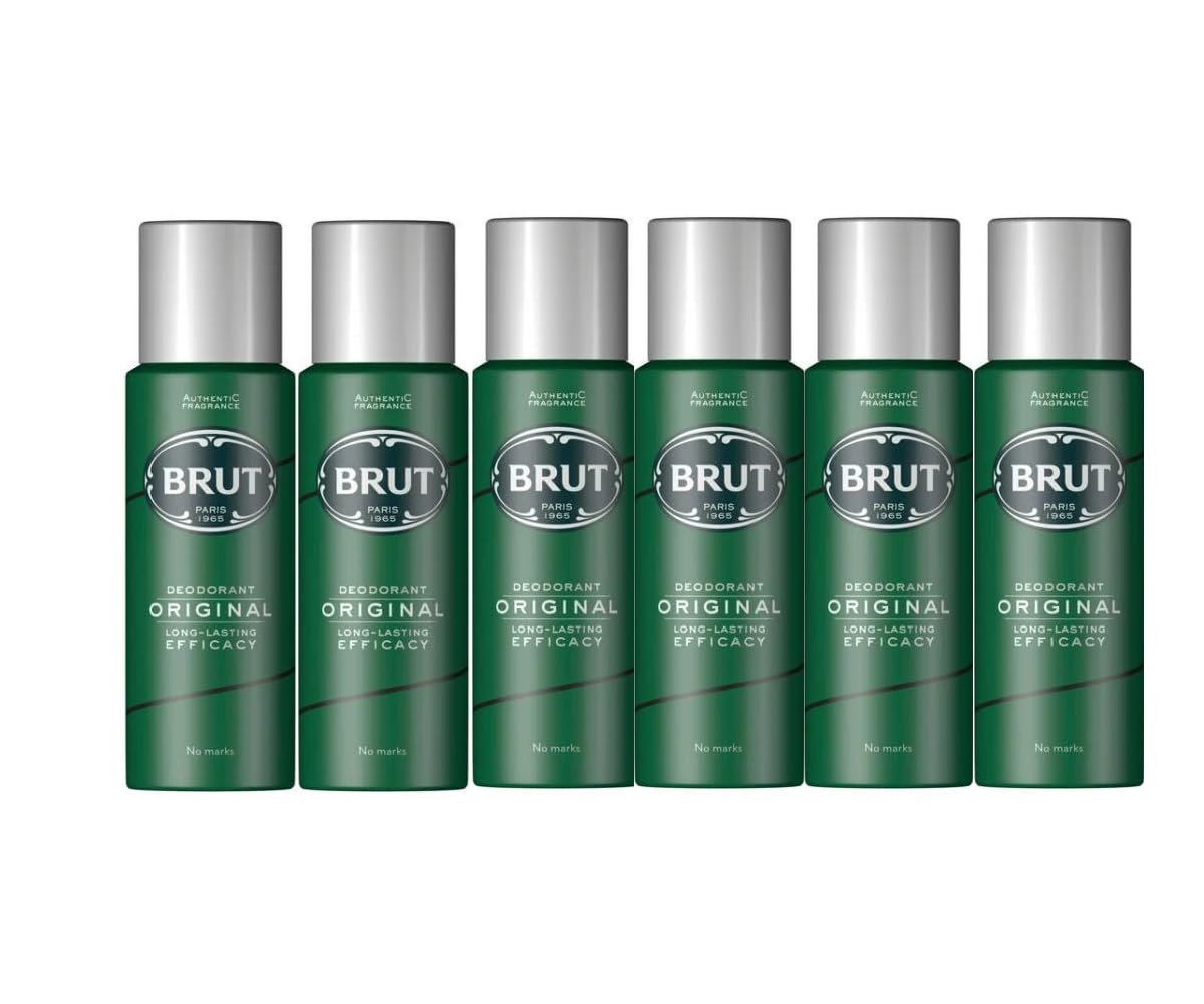 Brut original front packaging shows six 200ml cans and easy storage benefit