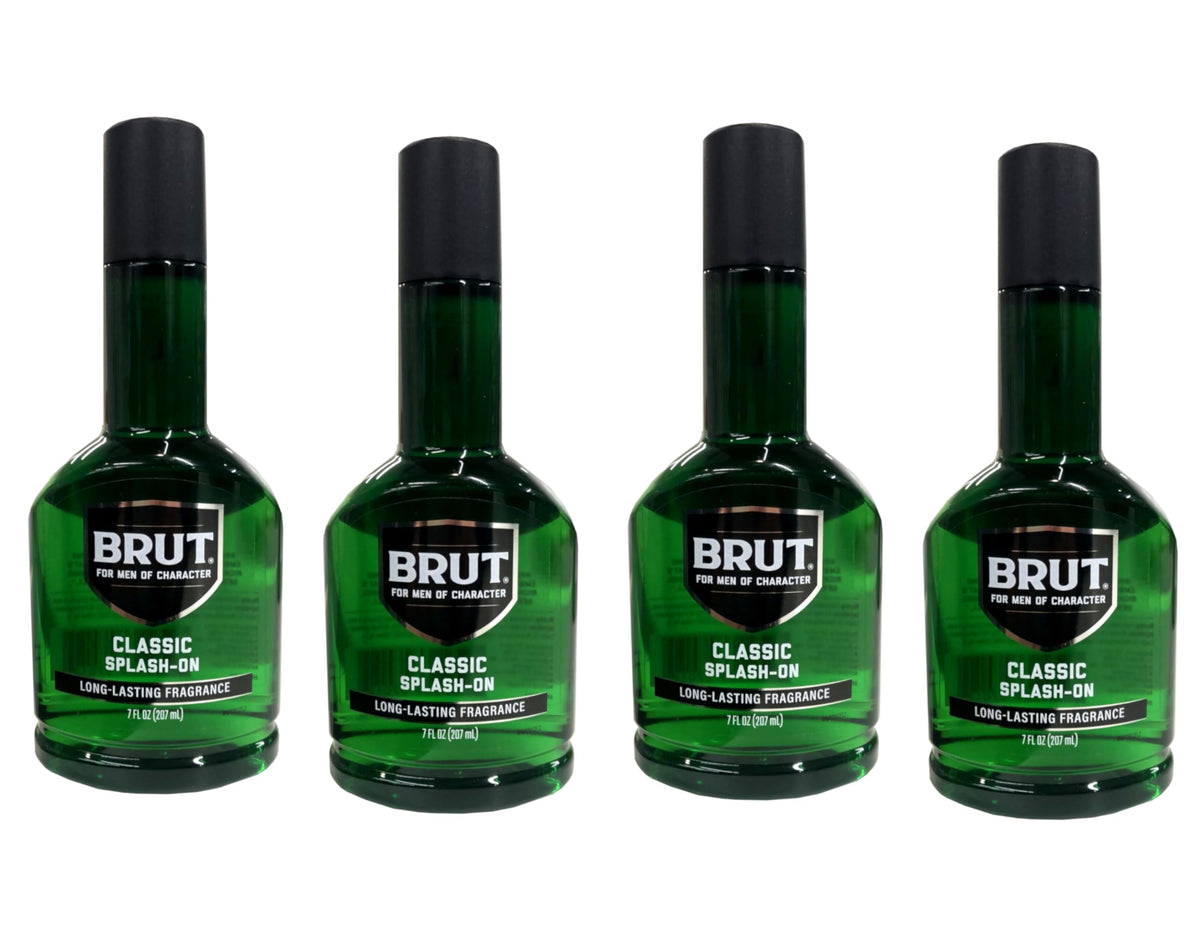 Brut front view of four 7 oz bottles showing packaging and value