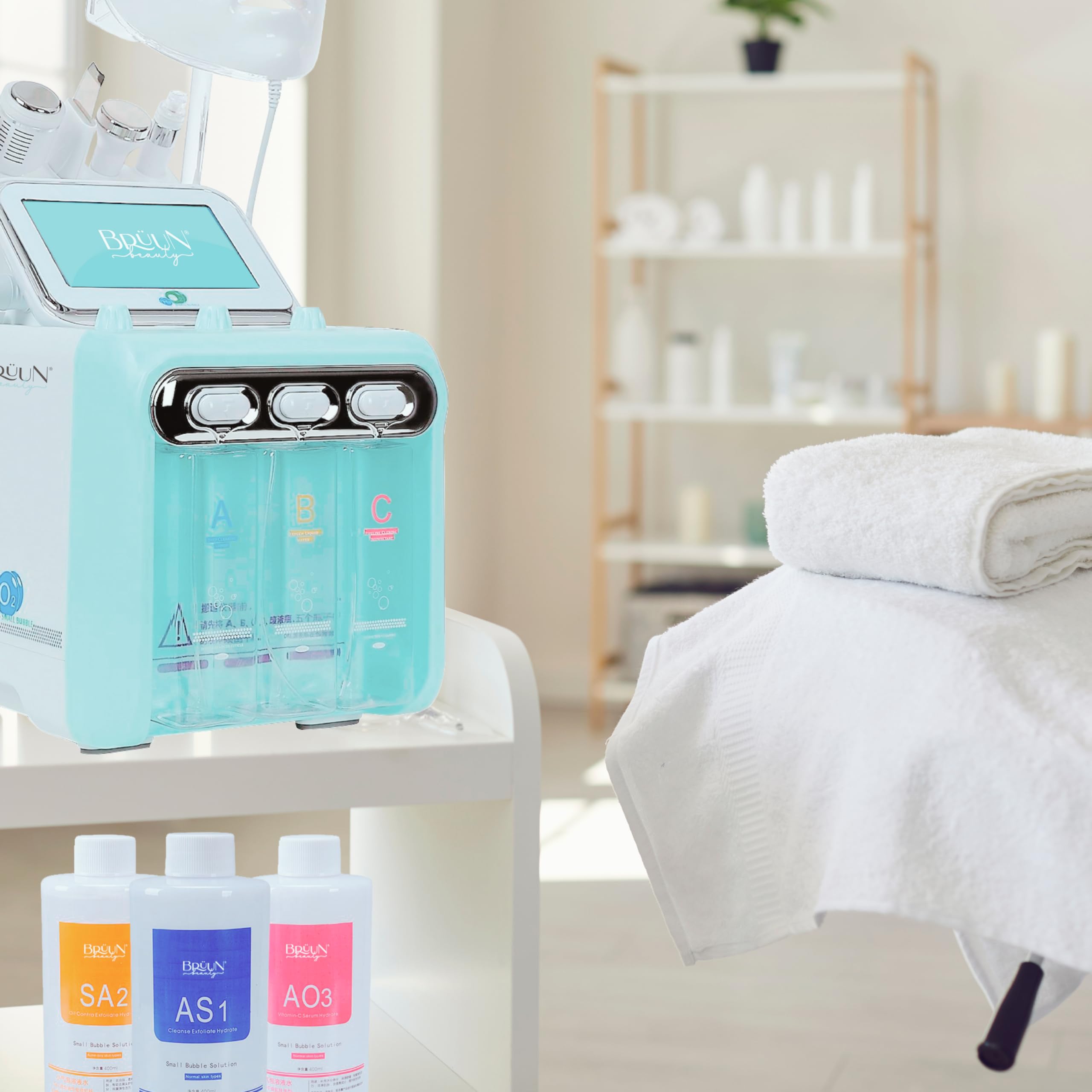 BRÜUN serum loaded into a vacuum facial jet showing device compatibility and treatment flow