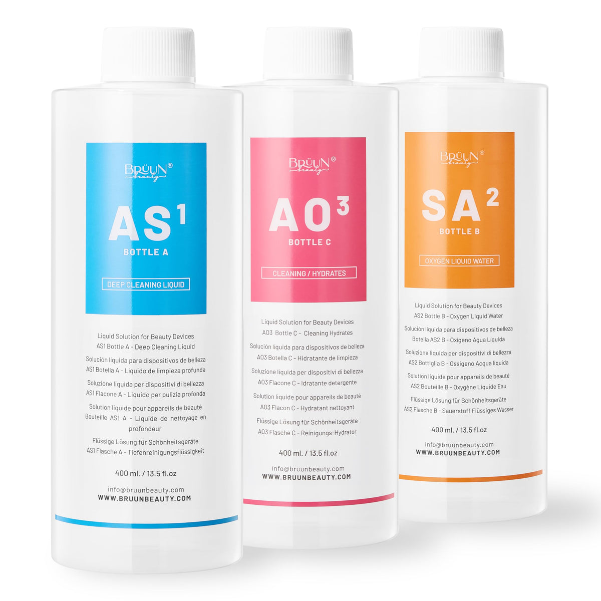 BRÜUN front packaging showing three 400ml aqua serums for machine treatments and consistency benefits