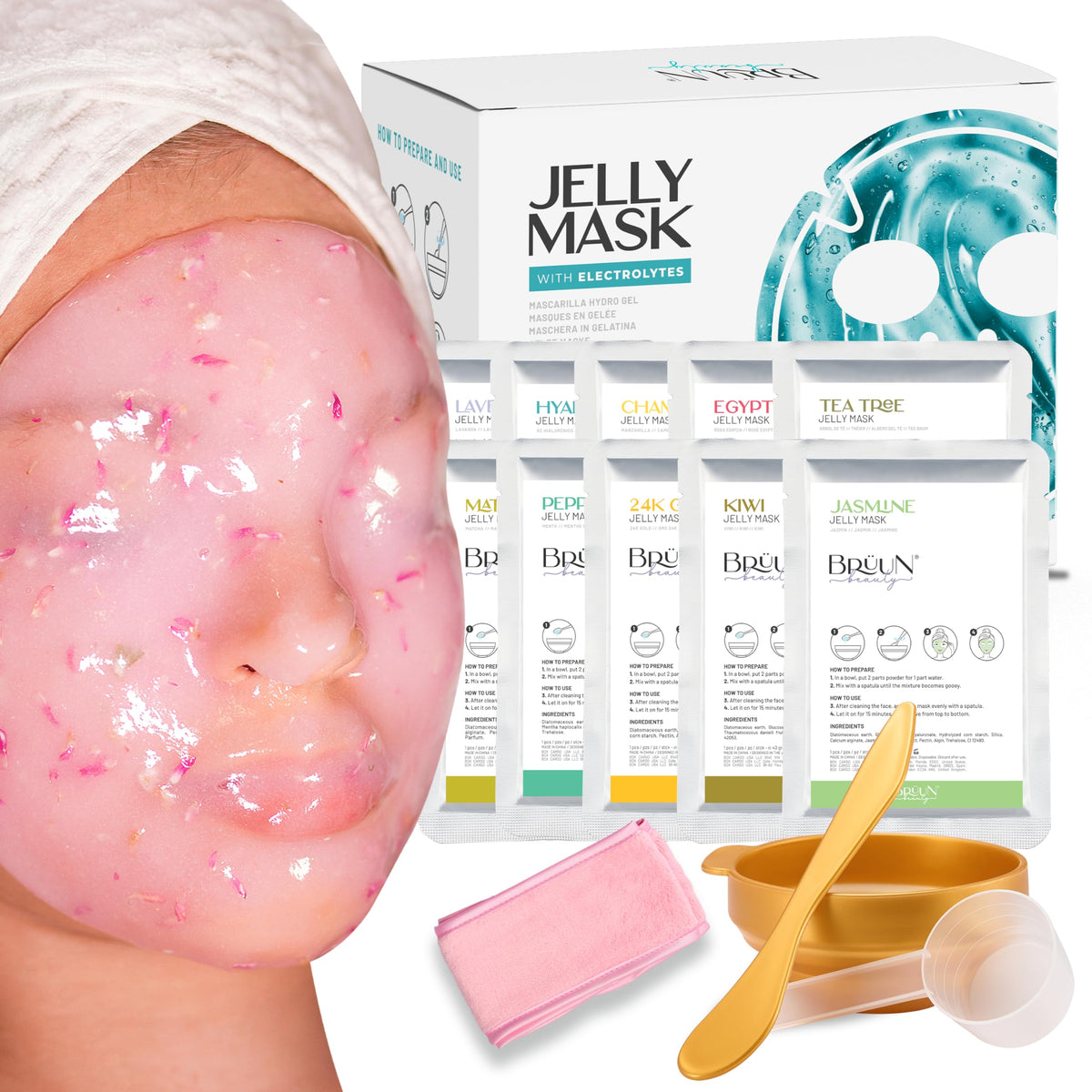 BRÜUN premium box front showing ten treatment packets and branding, conveys variety