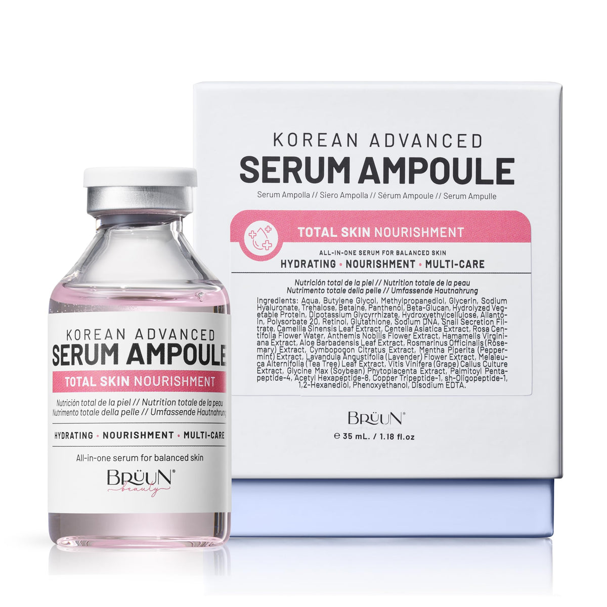 BRÜUN front packaging showing bottle and ampoule for easy identification and shelf appeal