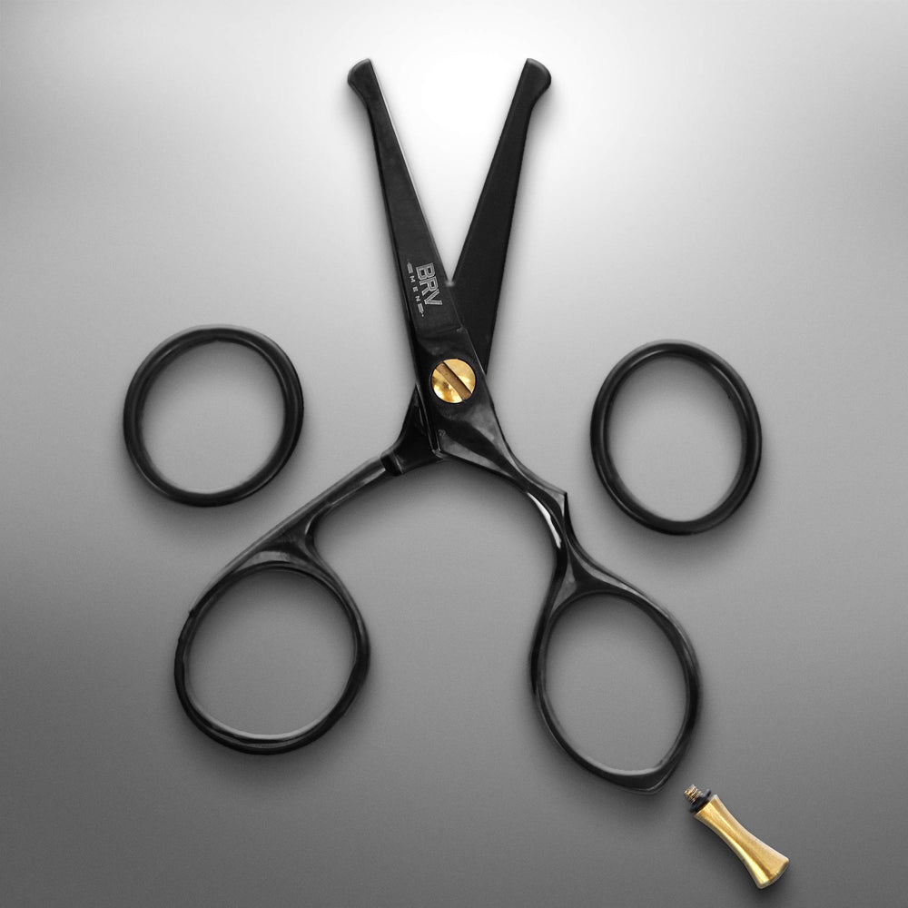BRV MEN scissors trimming a mustache to show precise nick-free cutting
