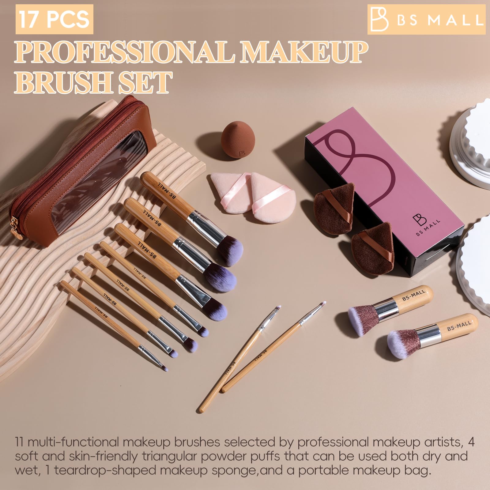 BS-MALL brushes beside makeup items showing compact travel-ready size