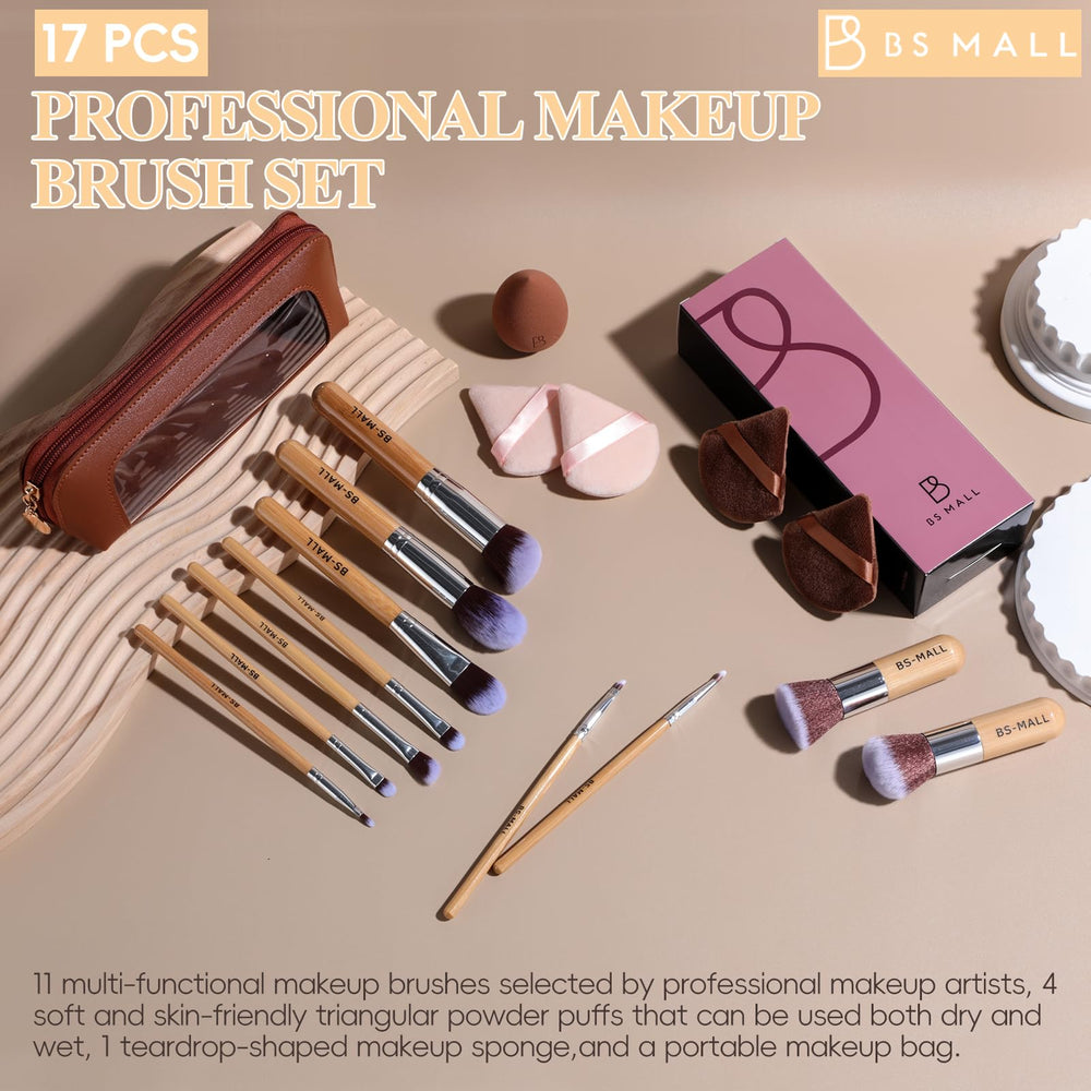 BS-MALL brushes beside makeup items showing compact travel-ready size