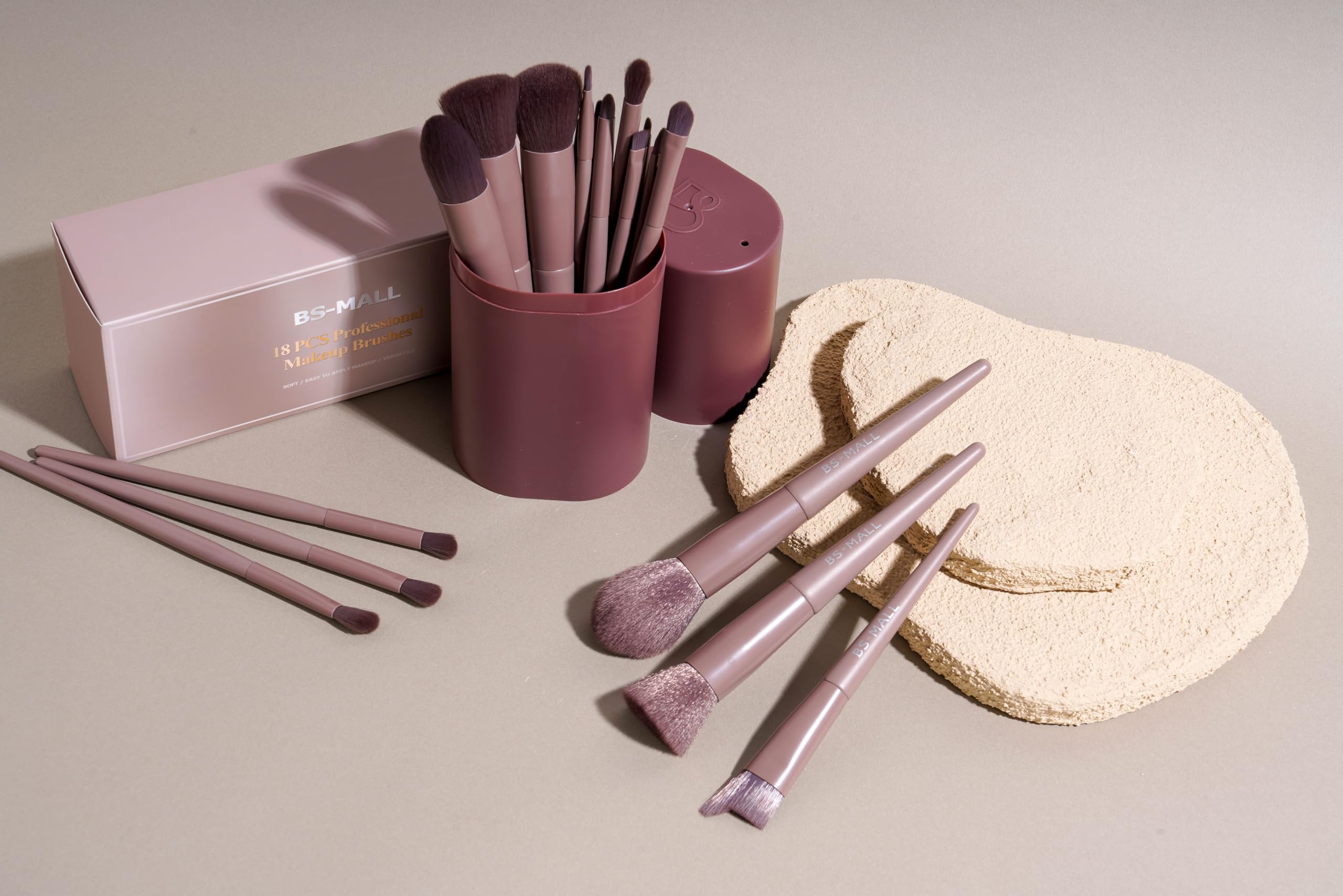BS-MALL lifestyle image with bag and brushes for on-the-go touch-ups