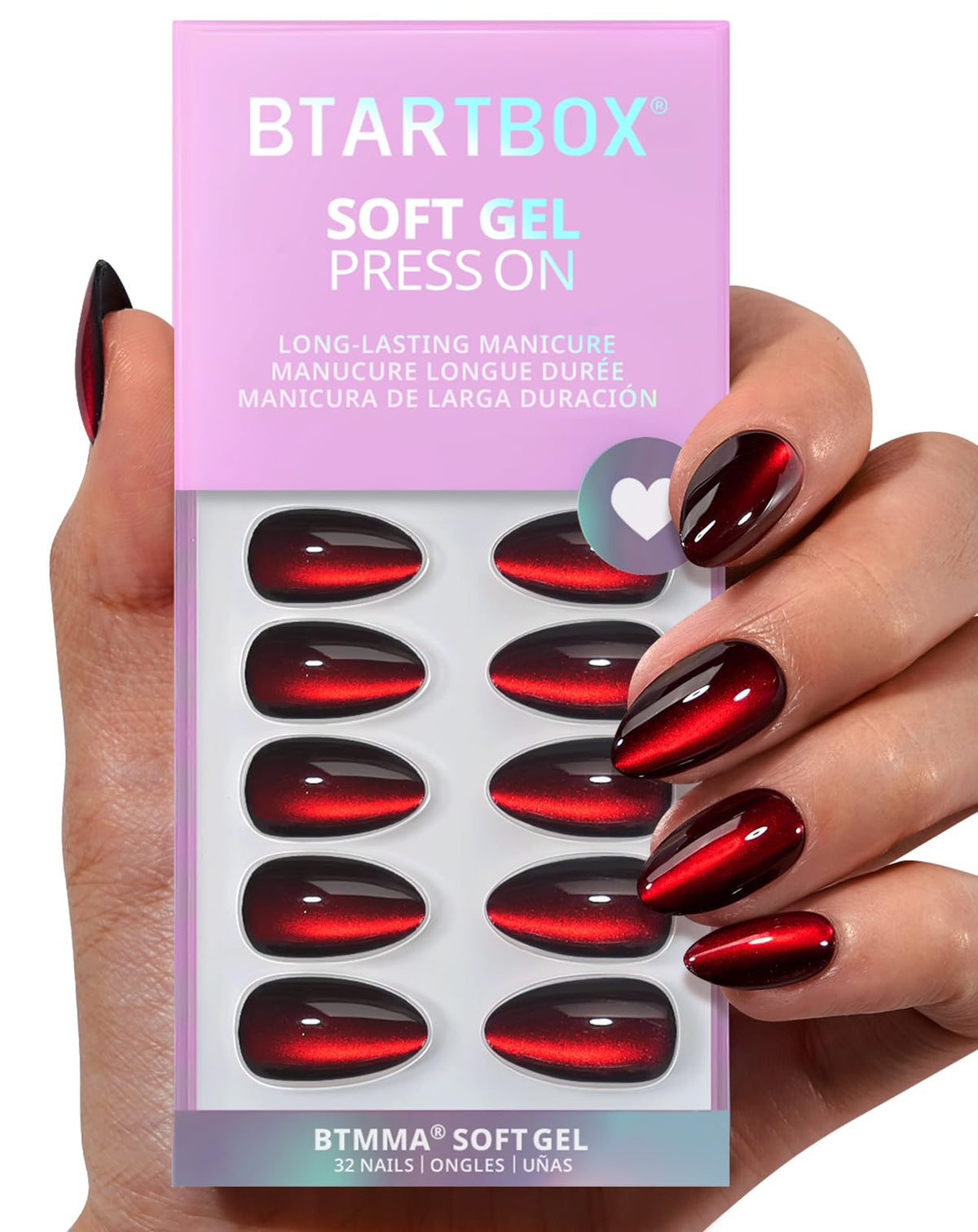 BTArtbox front packaging showing red almond press-on nails and kit contents for easy wear