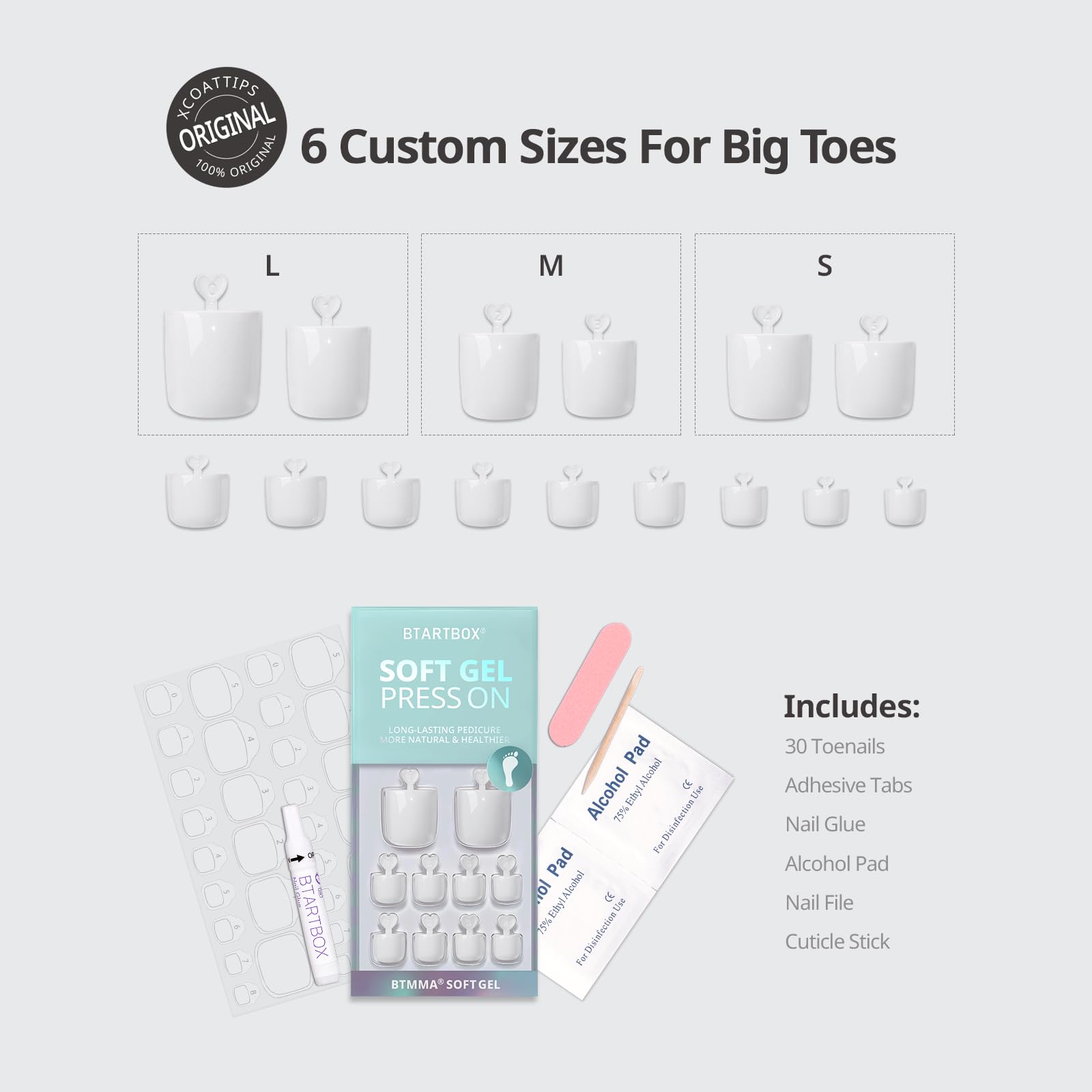 BTArtbox layout of six toenail sizes on sheet for easy size selection and perfect fit