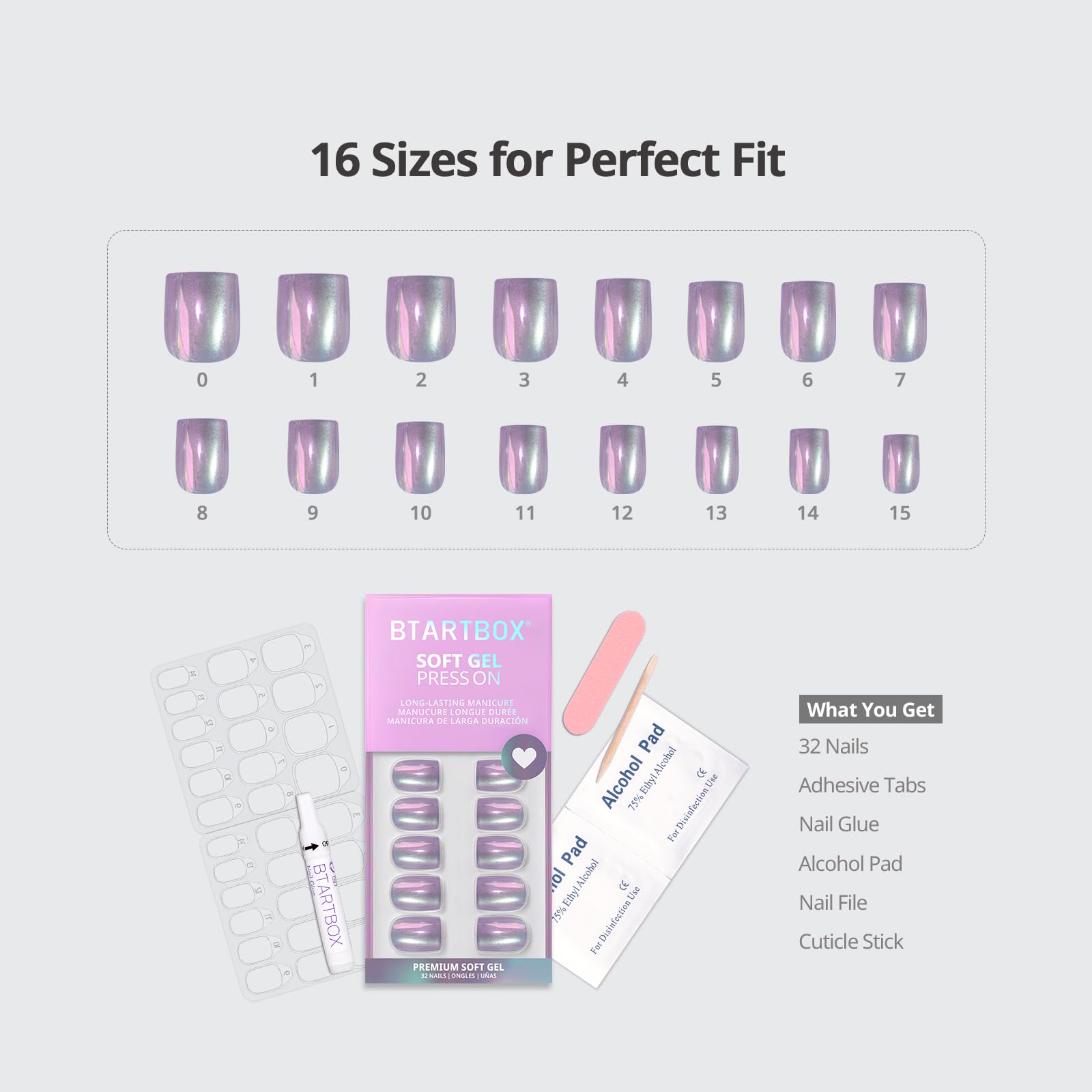 BTArtbox size comparison board with varied nail sizes for instant proper fit