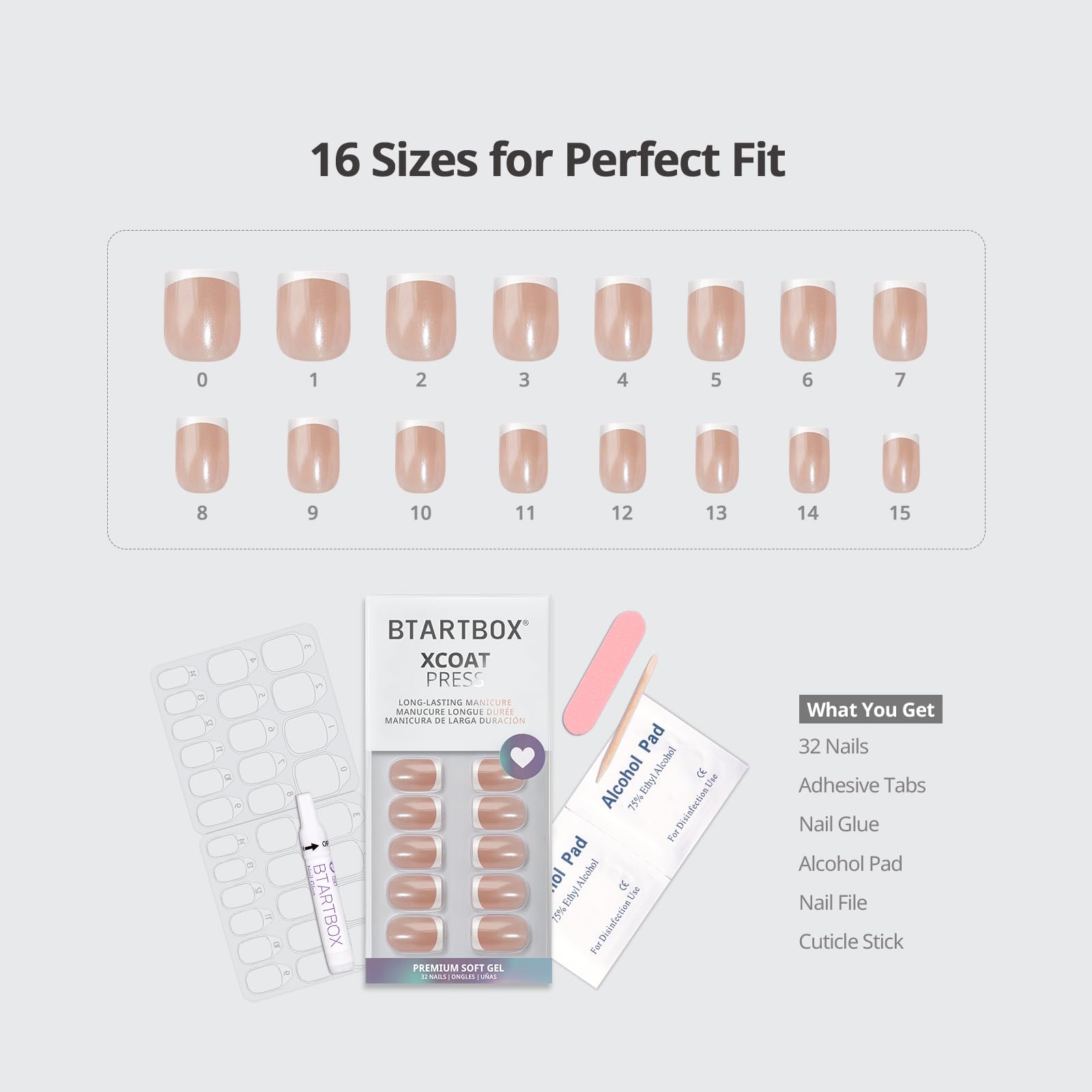 BTArtbox sizing guide and varied nail sizes showing precise fit and no-filing benefit