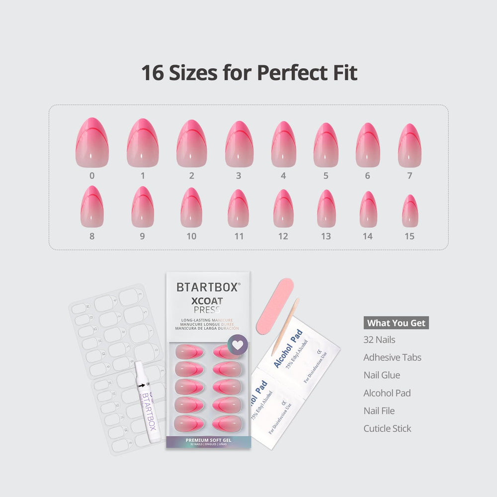 BTArtbox 16-size nail layout showing sizing variety for a precise fit and no filing needed
