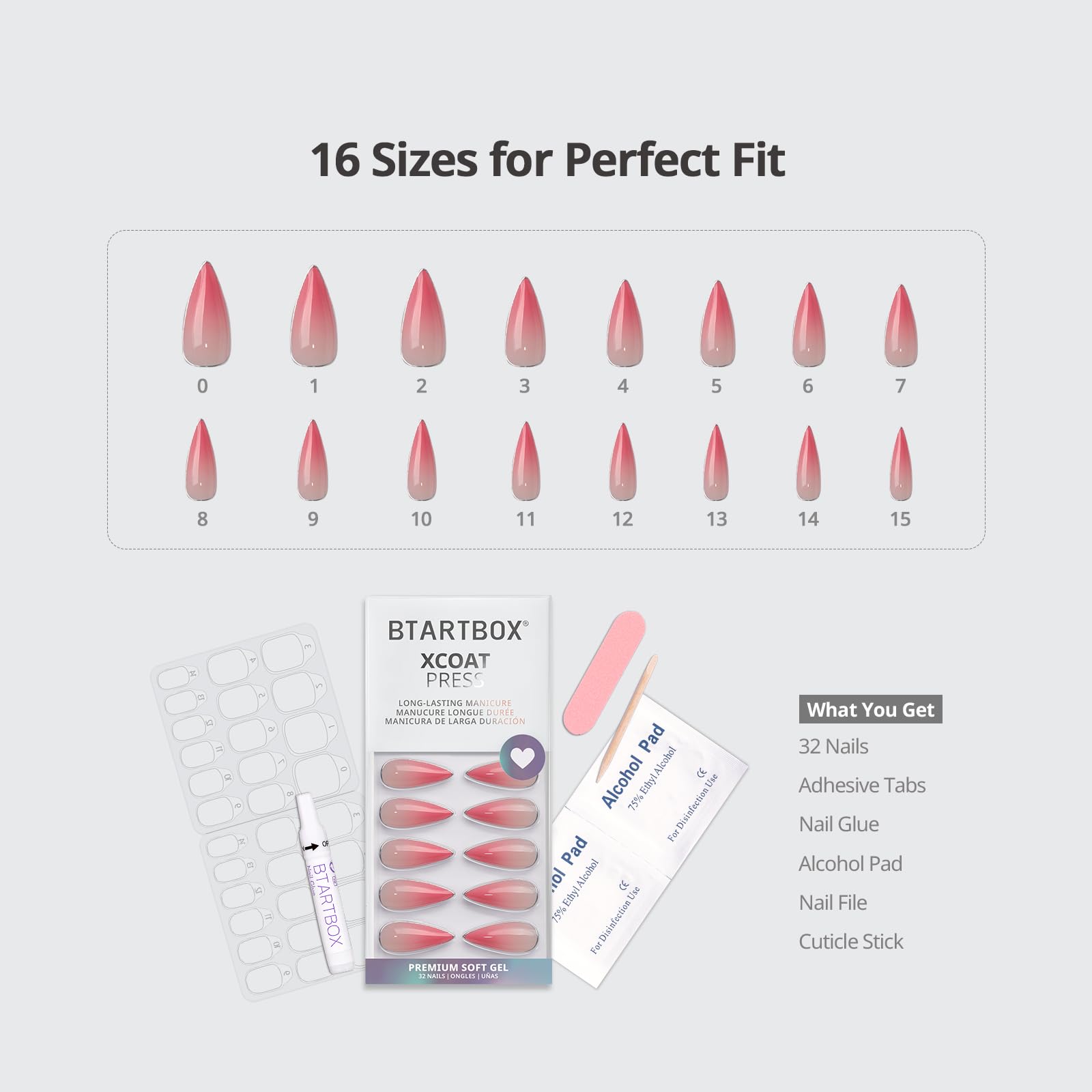BTArtbox size chart showing 16 pre-sized nails for perfect fit