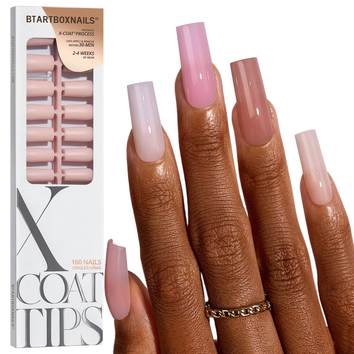 BTArtboxnails front packaging showing long square nude set and benefit of complete kit