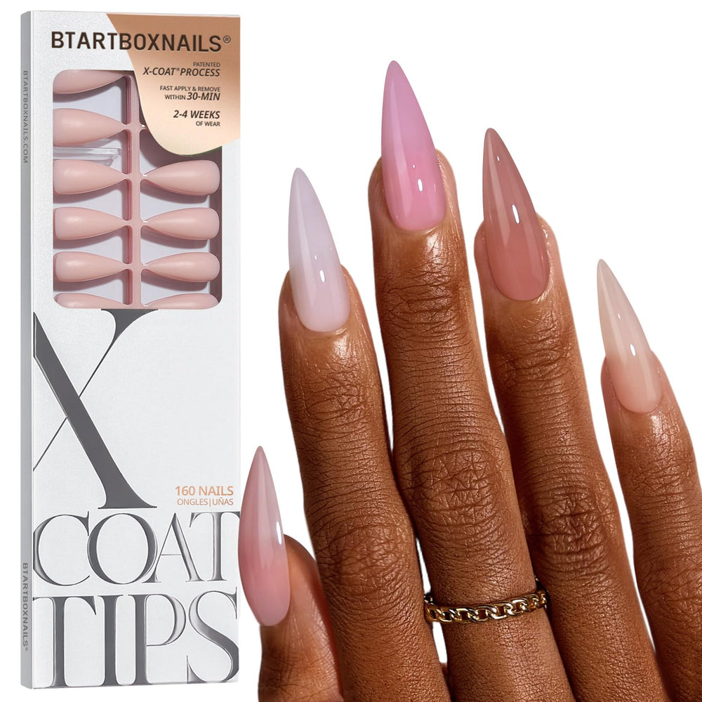 BTArtboxnails front packaging showing elegant nude stiletto set and convenience