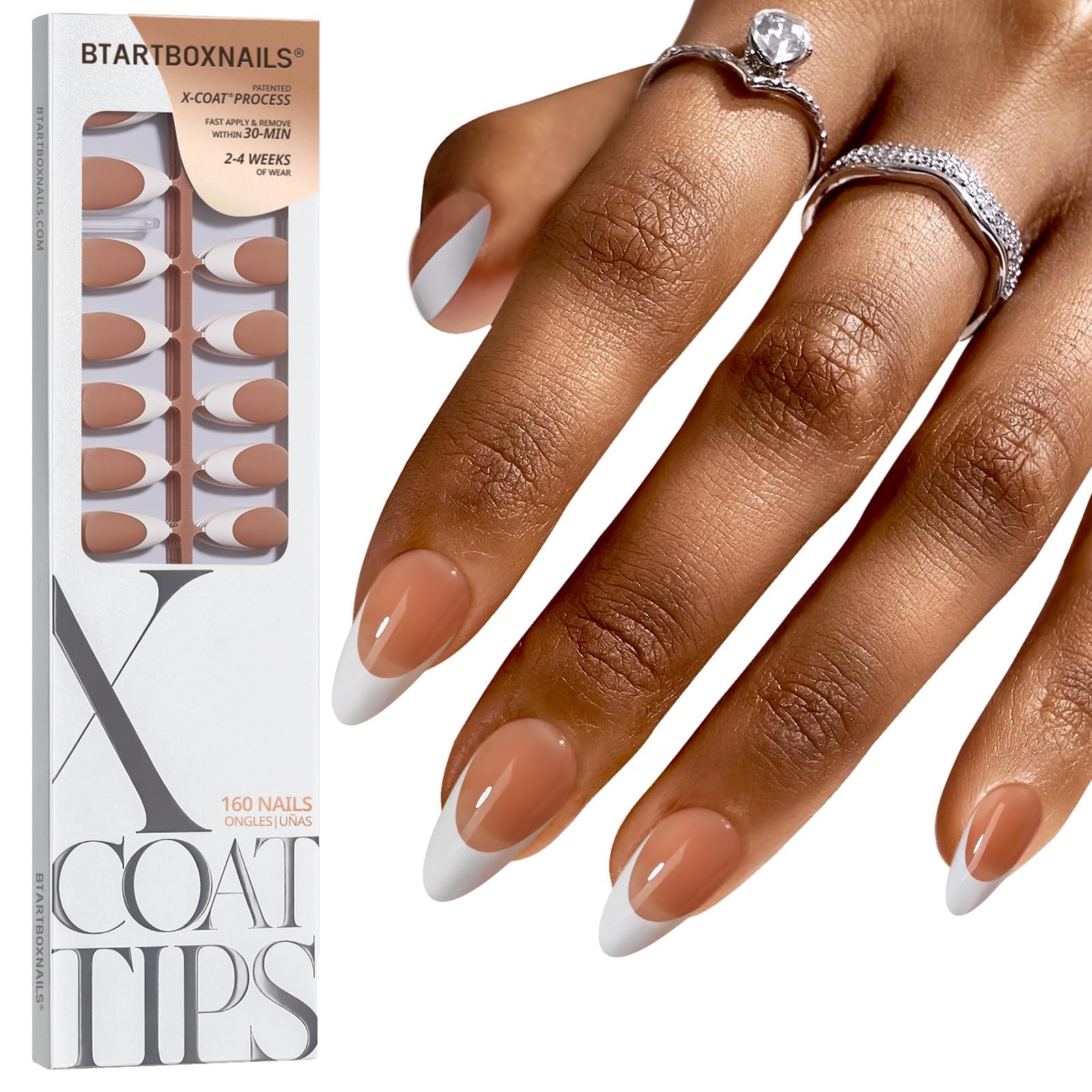 BTArtboxnails front packaging showing white French tips and medium almond shape, professional finish