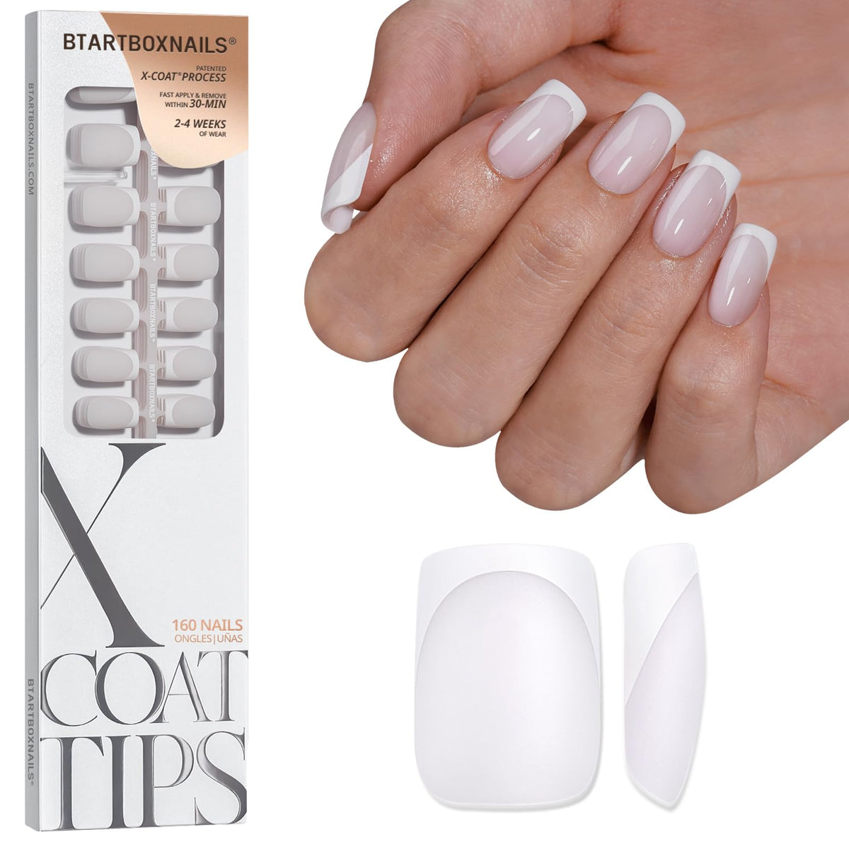 BTArtboxnails front packaging showing full 160-piece white French set and convenience