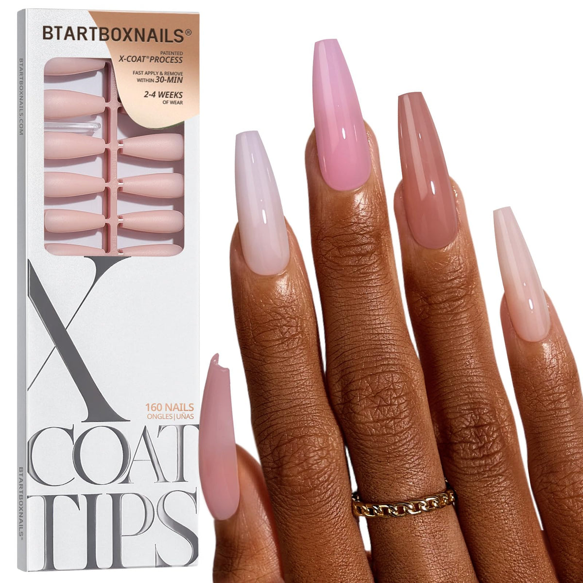 BTArtboxnails front packaging showing 160-piece nude ballerina set and clear benefit
