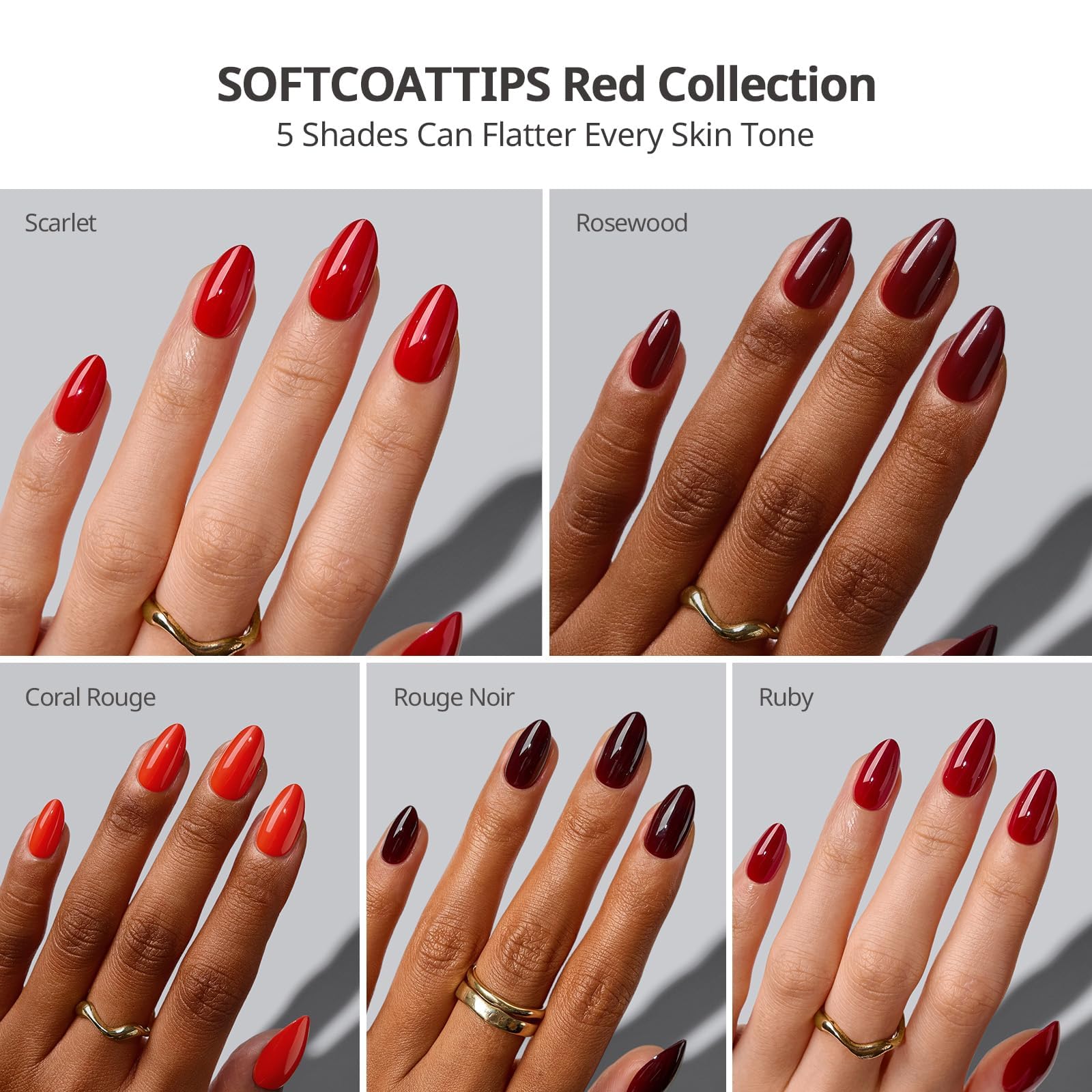 BTArtboxnails five red shades fanned to show color variety and easy shade selection