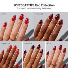 BTArtboxnails five red shades fanned to show color variety and easy shade selection